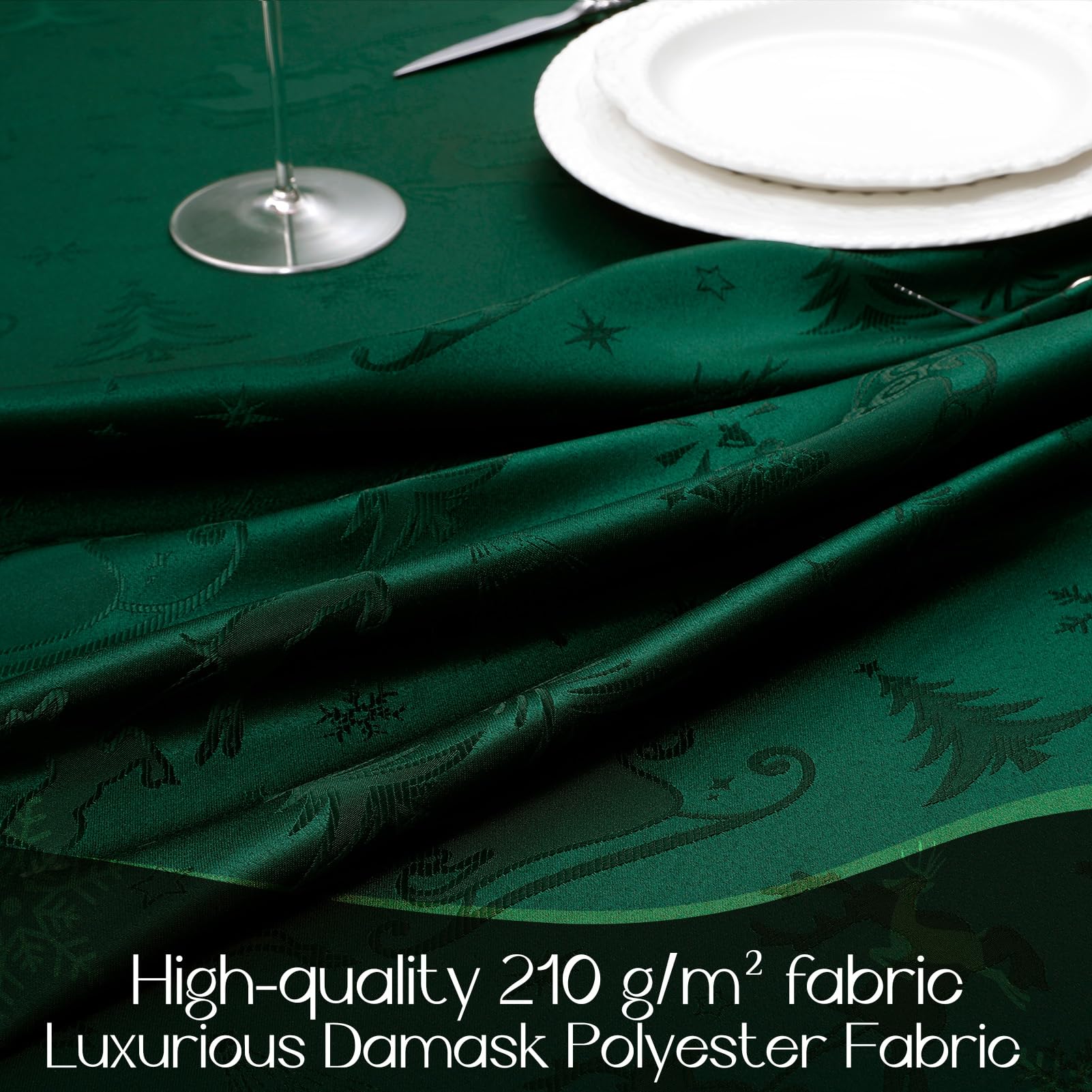 Romanstile Mantel de Navidad verde 350 x 150 cm, grande, lavable e impermeable, jacquard reno y árbol de Navidad, rectangular, XXL, mantel para vacaciones, decoración de Navidad, fiesta, fiesta
