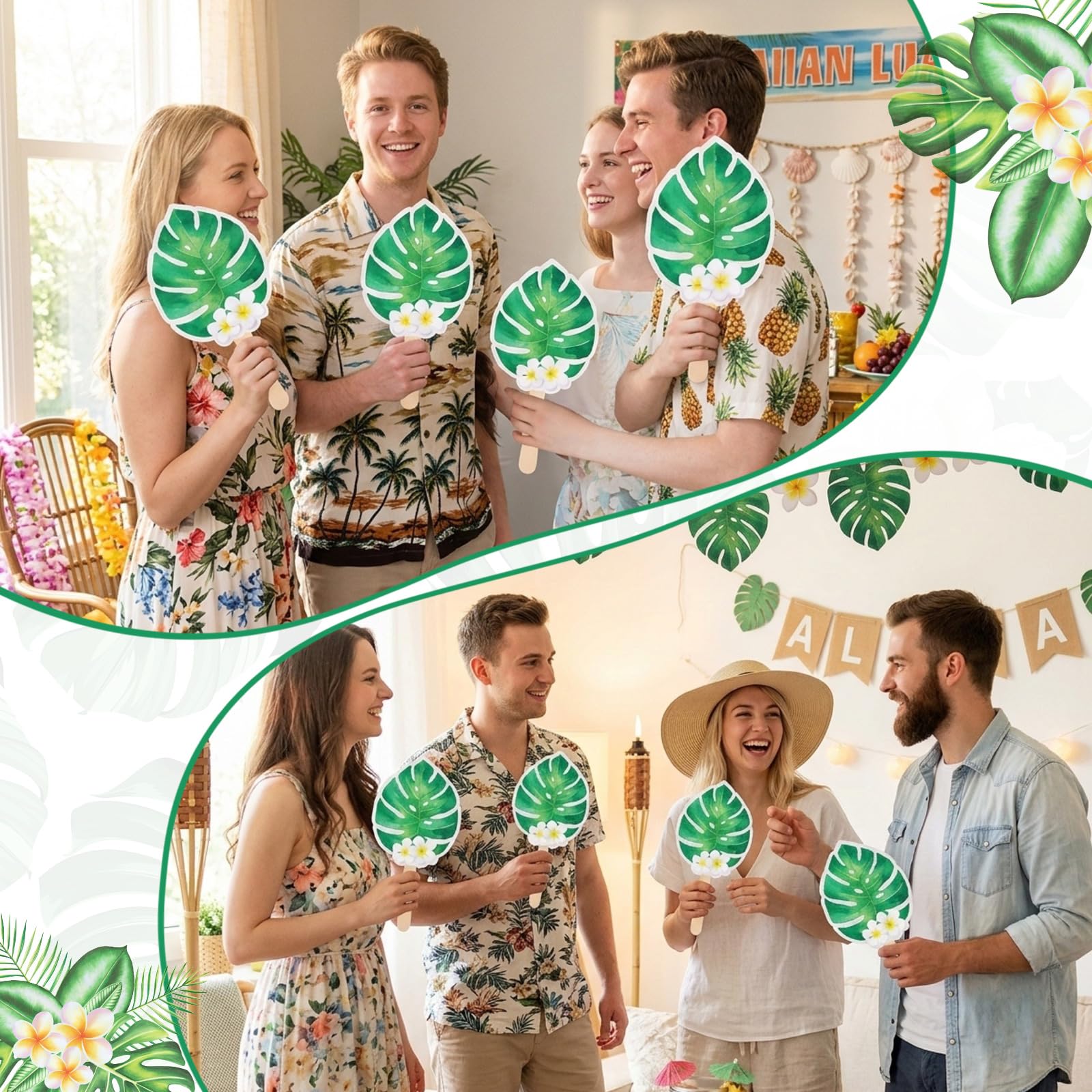 Beeveer Papierfächer mit Palmblättern, Pappfächer, Hochzeitsfächer mit Holzstäbchen, Blumenmuster, Papierfächer für Gäste, Feiern, Gastgeschenke, 50 Stück