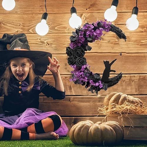 Miniatura 4 de Corona de Halloween para puerta delantera, decoración de luna de Halloween, naranja, morado, floral, para puerta de gato, adorno colgante de pared,