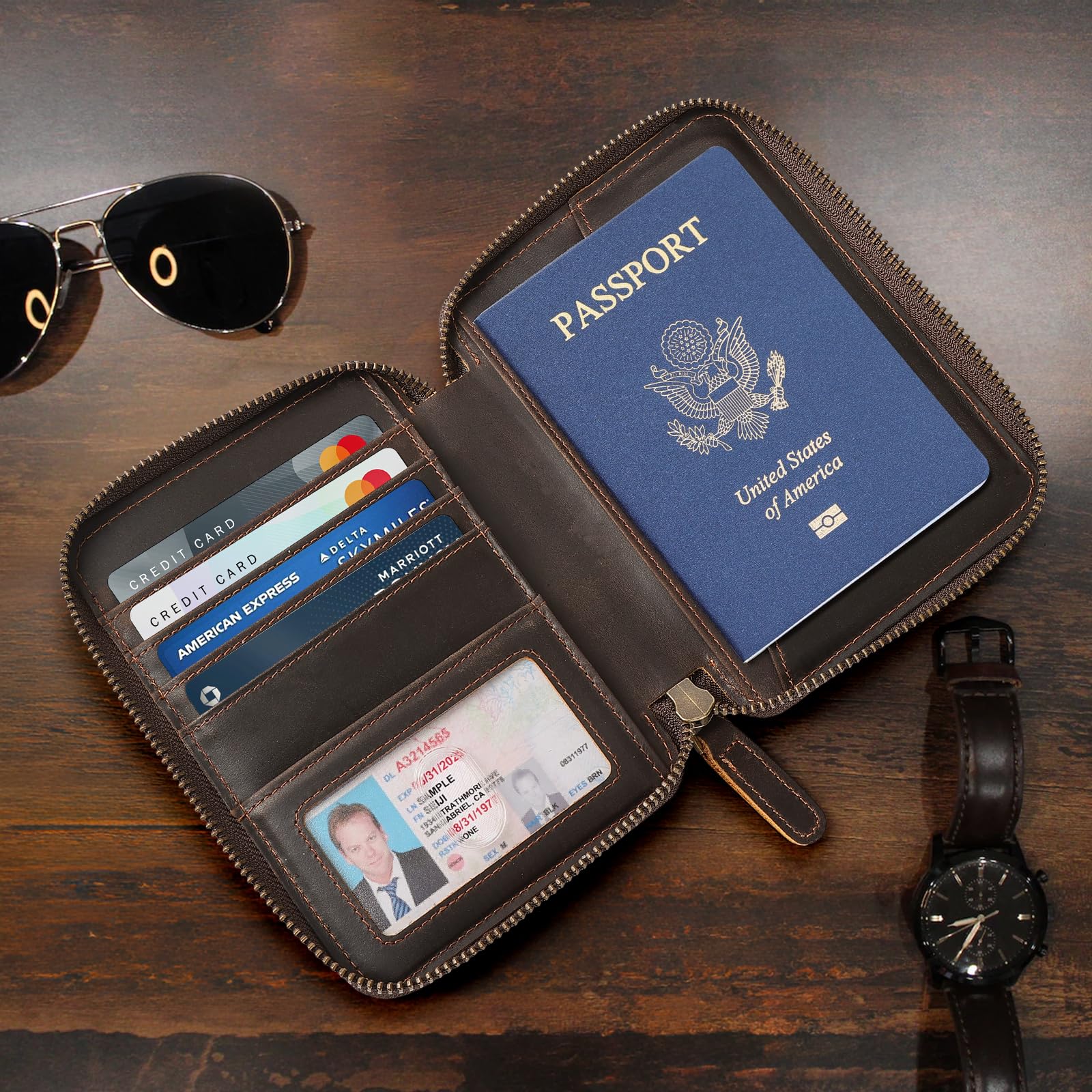 Polare - Cartera de Piel de Grano Completo para Pasaporte con Bloqueo RFID, Funda Plegable Suave con Cremallera YKK