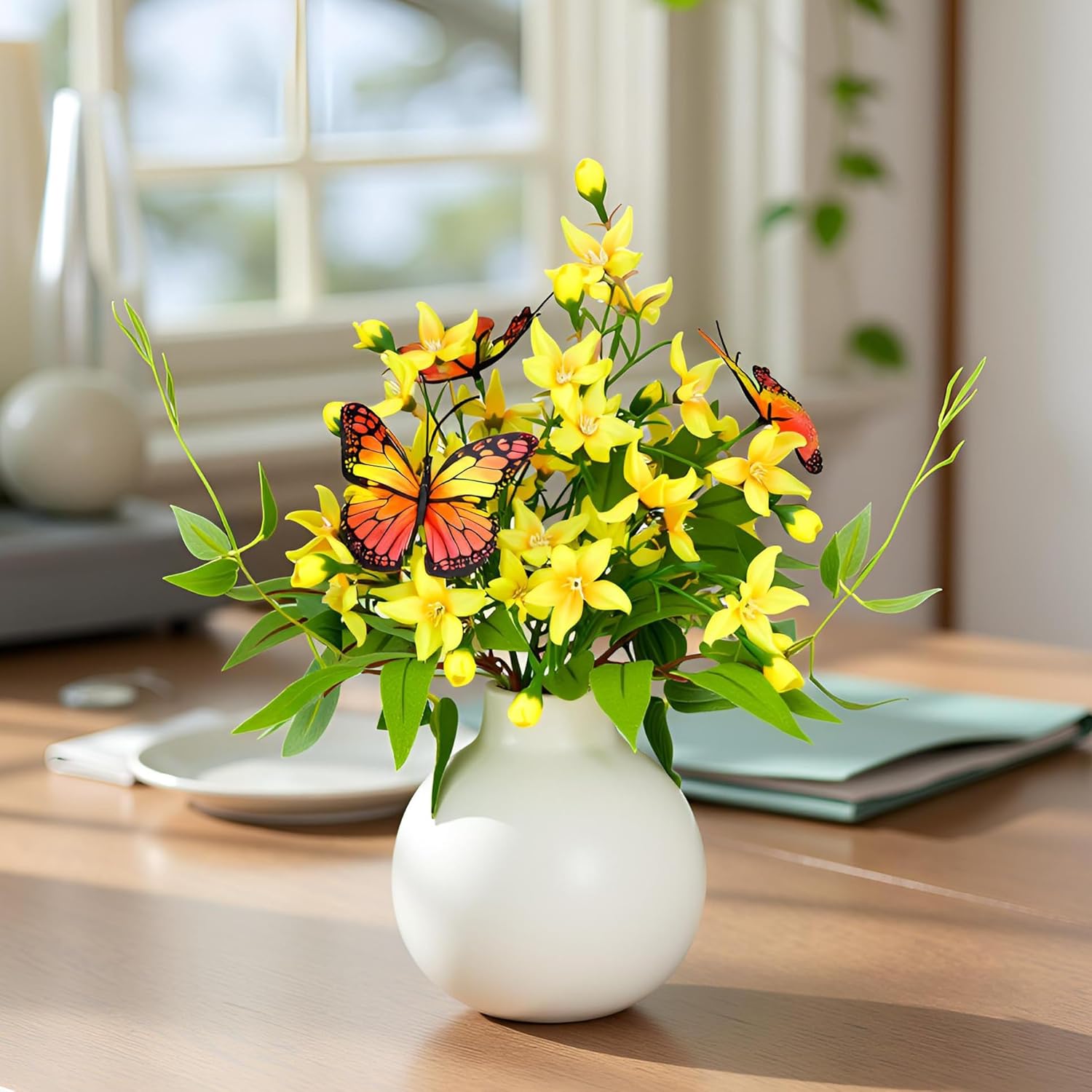 HOSY Artificial Freesia Bouquet in Ivory Ceramic Vase, Silk Flower and Butterfly Arrangements for Table Centerpiece Decoration (Freesia)