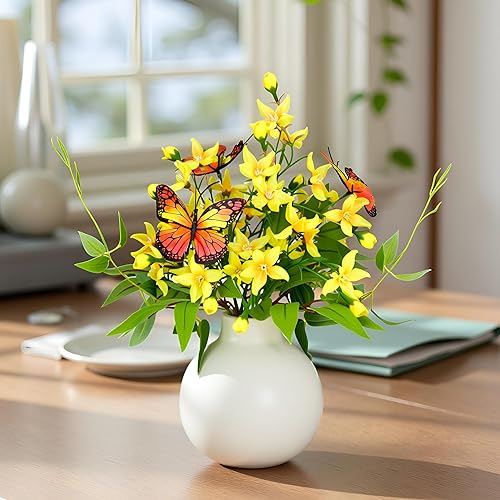 Miniatura 3 de Ramo de fresia artificial en jarrón de cerámica marfil, arreglos florales de seda y mariposas para decoración de centro de mesa (Freesia)