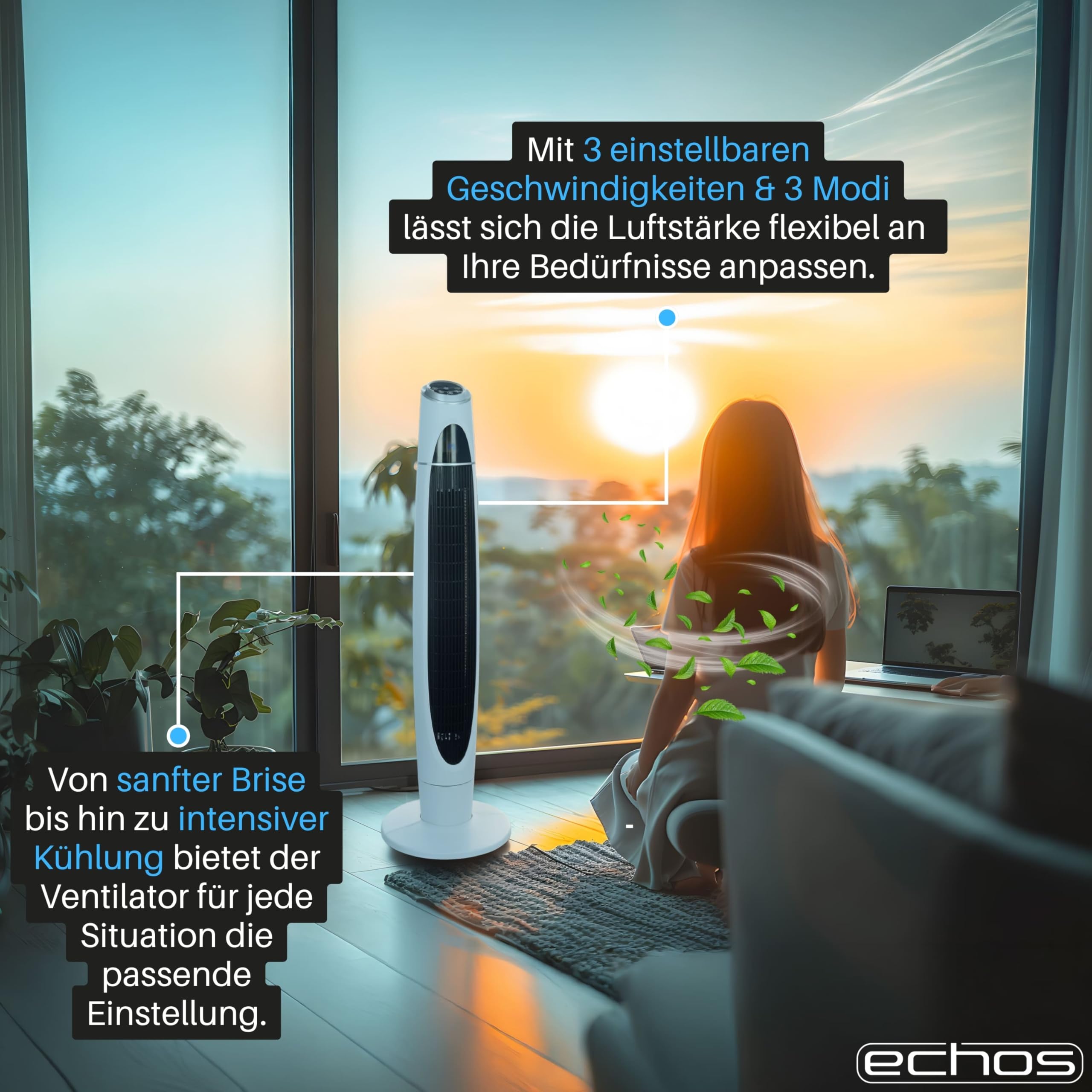 Echos Turmventilator | Ventilator sehr leise | Fernbedienung | Oszillierend | LED-Display | 3 Stufen | Tower Fan | Säulenventilator | Standventilator | Tower-Ventilator | Luftkühler (Schwarz/Weiß)