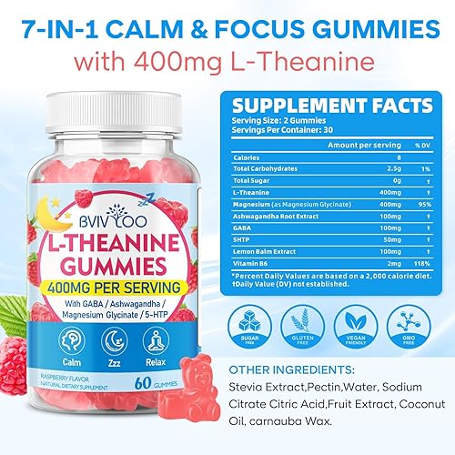 Miniatura 2 de BVIVLOO Gomitas de L-teanina con L-teanina de 400 mg, Ashwagandha, GABA, 5-HTP, glicinato de magnesio para calma, ZZZ y apoyo de relajación, vegano,