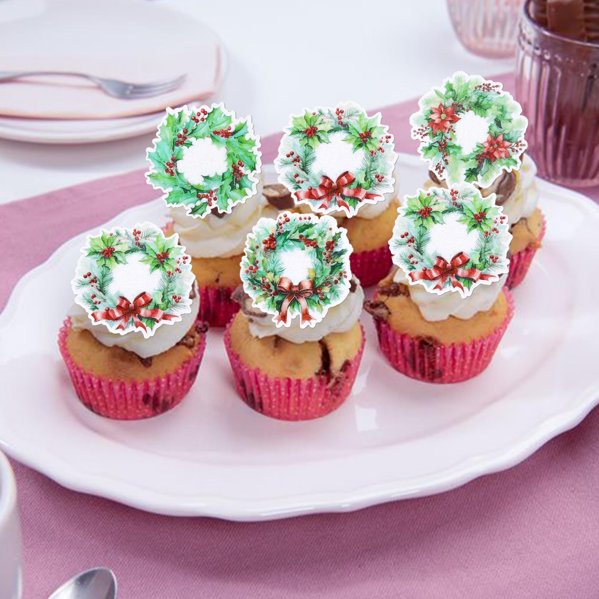 Xsstarmi 60 Pack Merry Christmas Edible Cupcake Toppers Rice Paper Xmas Wreath with Berries Bownot Cupcake Picks for New Year Christmas Celebration Party Cake Decorations Supplies - Image 4