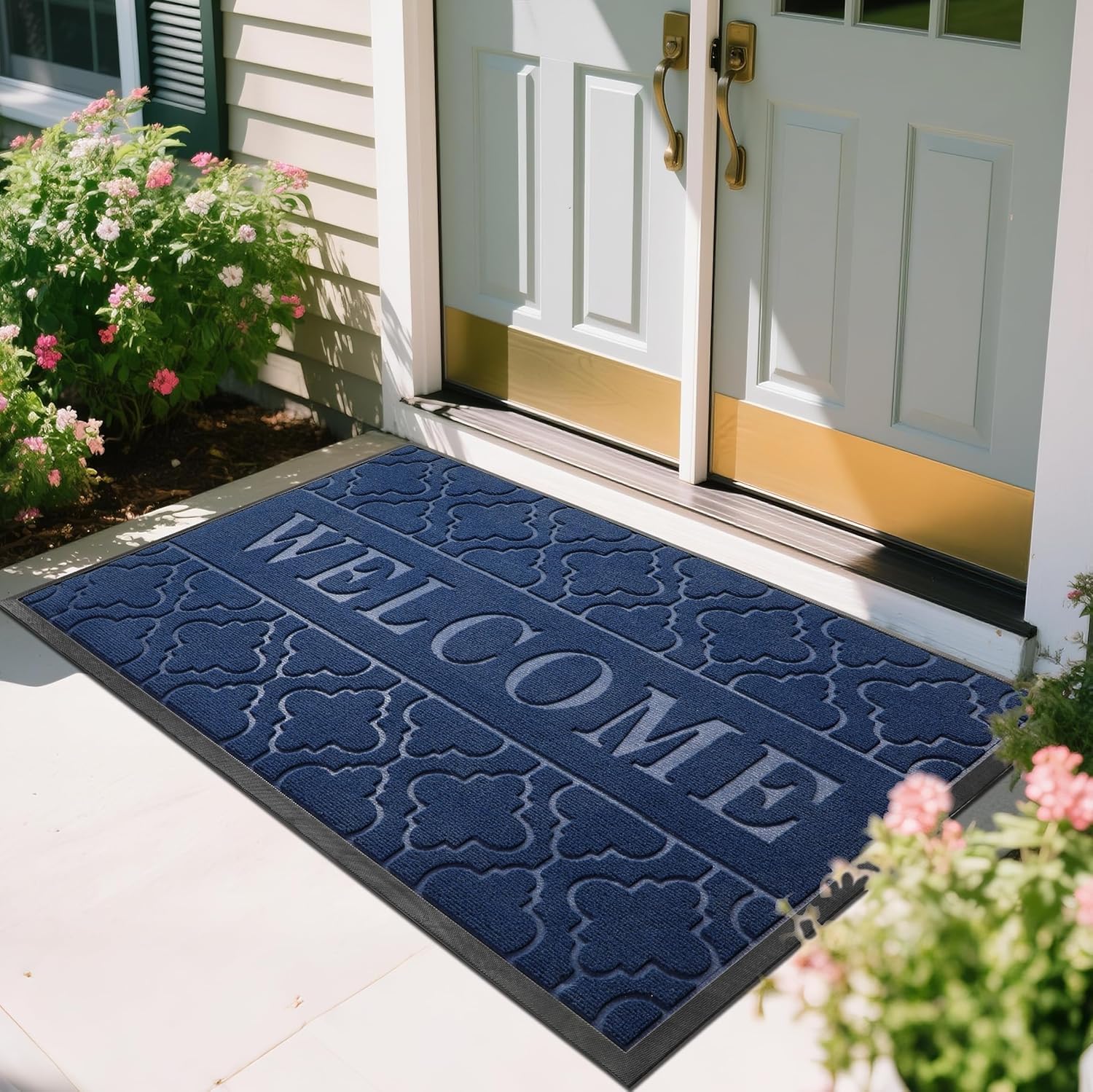 Yimobra Welcome Mat Outdoor Indoor, All-Season Waterproof Front Door Mat Outside Entrance, All-Weather Heavy Duty Non-Slip Doormat, Low Profile Porch Patio Entrance Mats, 152 x 91 cm, Blue