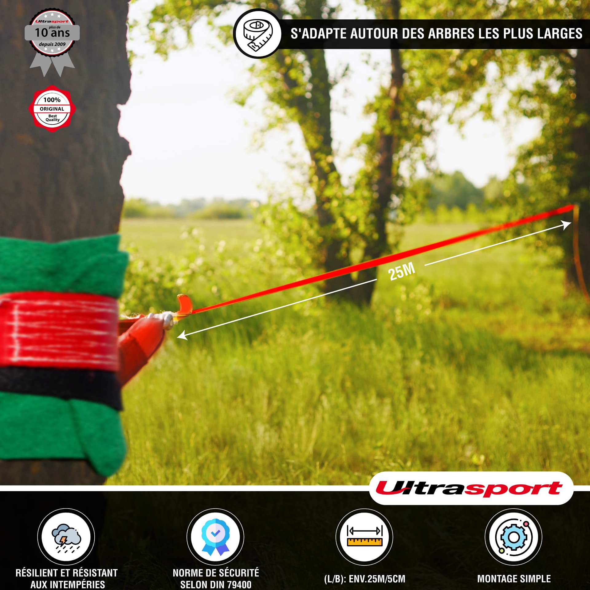 Ultrasport Slackline 15m-25m, avec cliquet et Sac Transport, Jeu Complet Slackline, Disponible avec et sans Protection d'arbre, Jeu Slackline, Slackline Fitness, certifié TÜV GS, Enfants et Adultes
