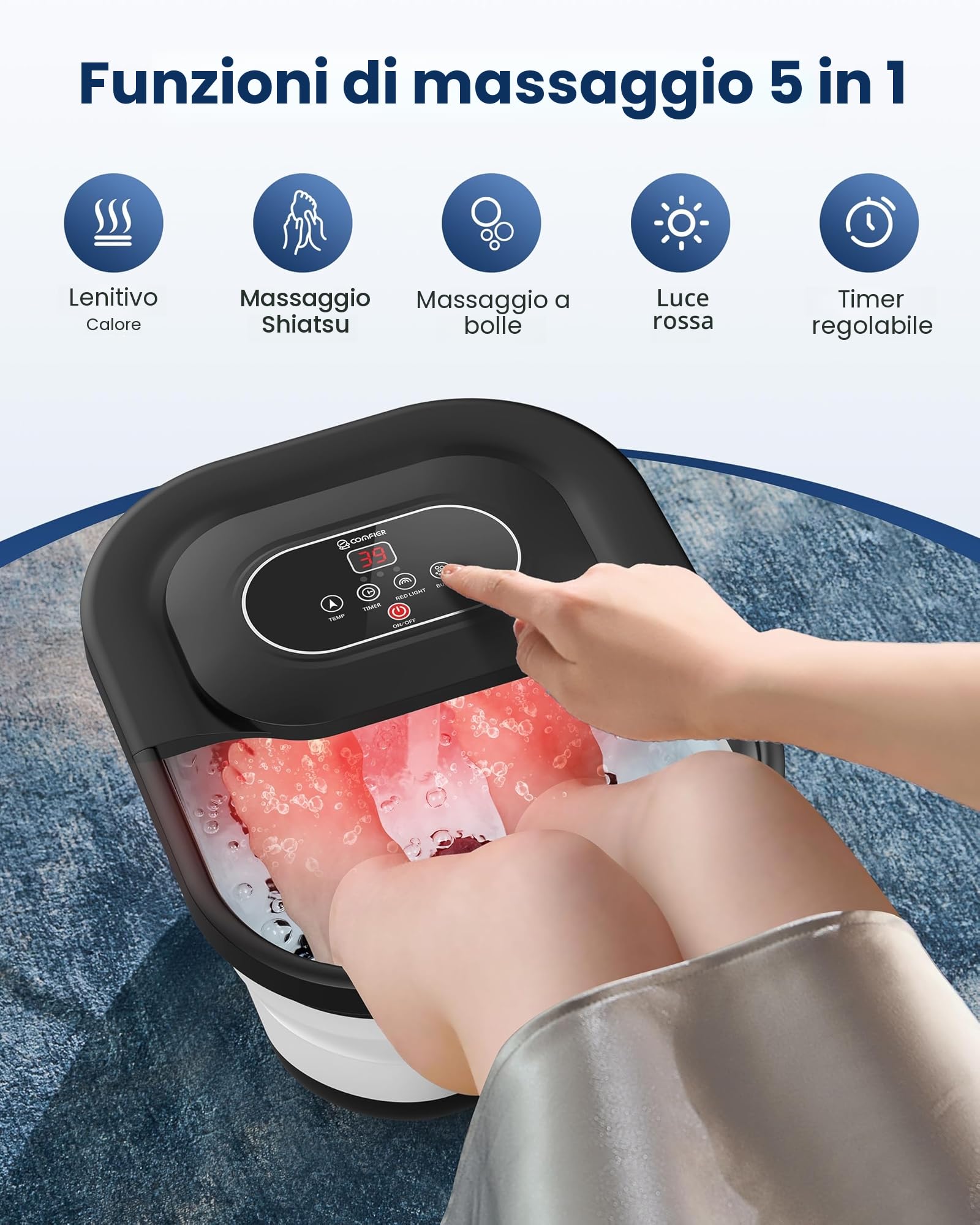 COMFIER Pediluvio Massaggiatore Pedi con Funzione di Riscaldamento, Funzione di Bolle, Vibrazione, Controllo della Temperatura, Pietra Pomice per Pedicure, Timer Intelligente, Regali per Uomini (Nero)