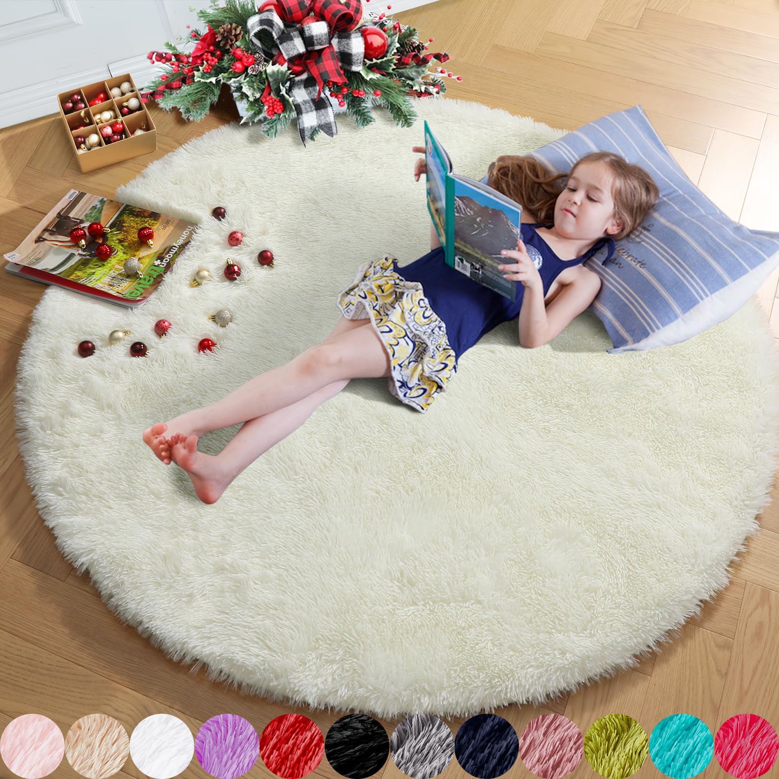 Amdrebio Ivory White Round Rug 5Ft for Bedroom Living Room Aesthetic,  Washable Fluffy Fuzzy Circle Area Rugs for Kids Room Playroom, Circular  Plush