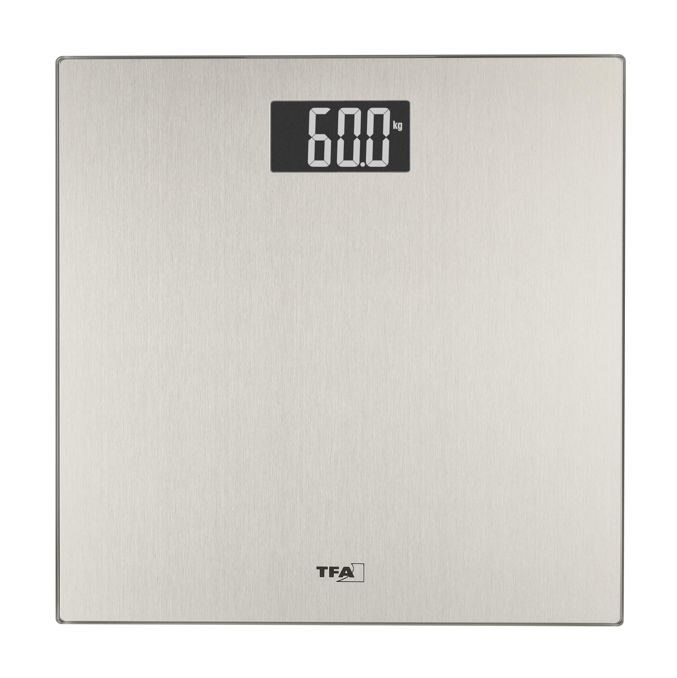 TFA Dostmann Personas Báscula digital Step Steel con pantalla invertida, 50.1016, plana con superficie de acero inoxidable, báscula de hasta 180 kg, Auto-On-Off, gran superficie de pie, color plateado