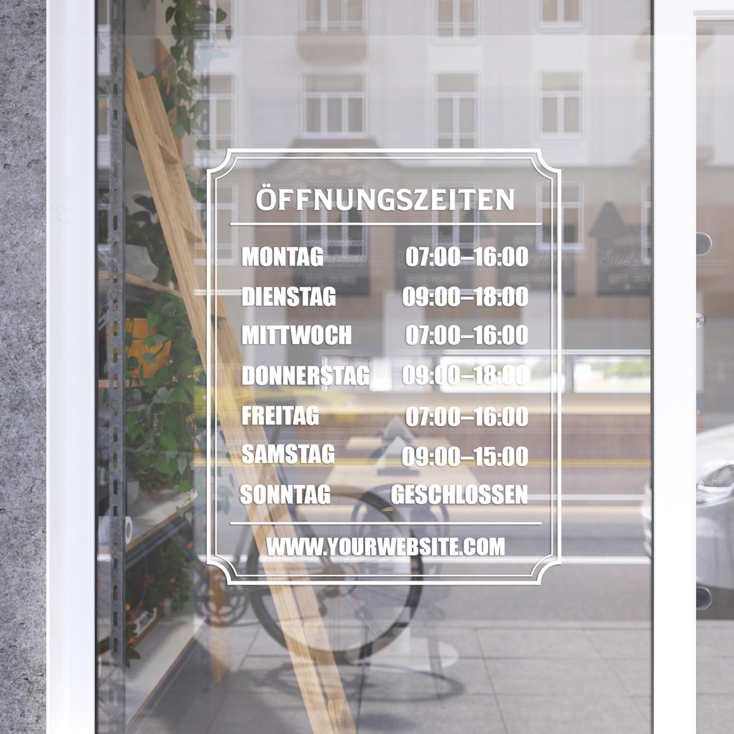 Öffnungszeiten Aufkleber Schaufenster mit Rahmen 23x30 cm – Wunschtext Fensterfolie Schaufensterbeschriftung – wetterfest weiß für Glastür Geschäft Laden – Made in Switzerland