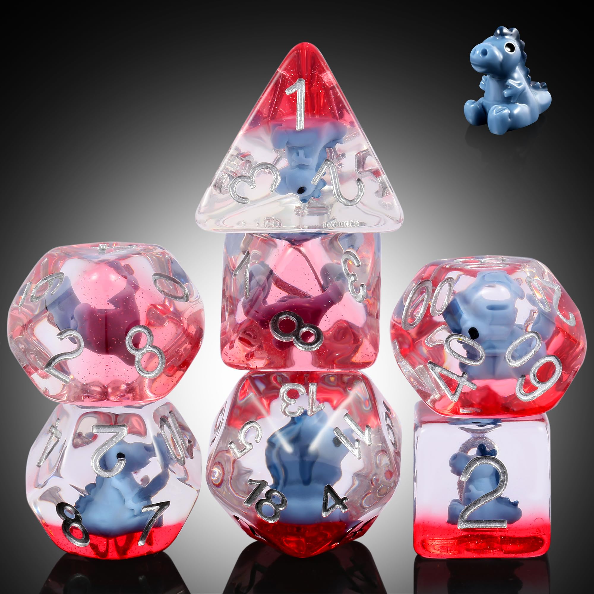 DNDND 7-Piece Baby Dinosaur Themed DND Dice Set - Resin Polyhedral Dice with Sivler Numbers for Dungeons and Dragons Pathfinder (Baby Dinosaur)