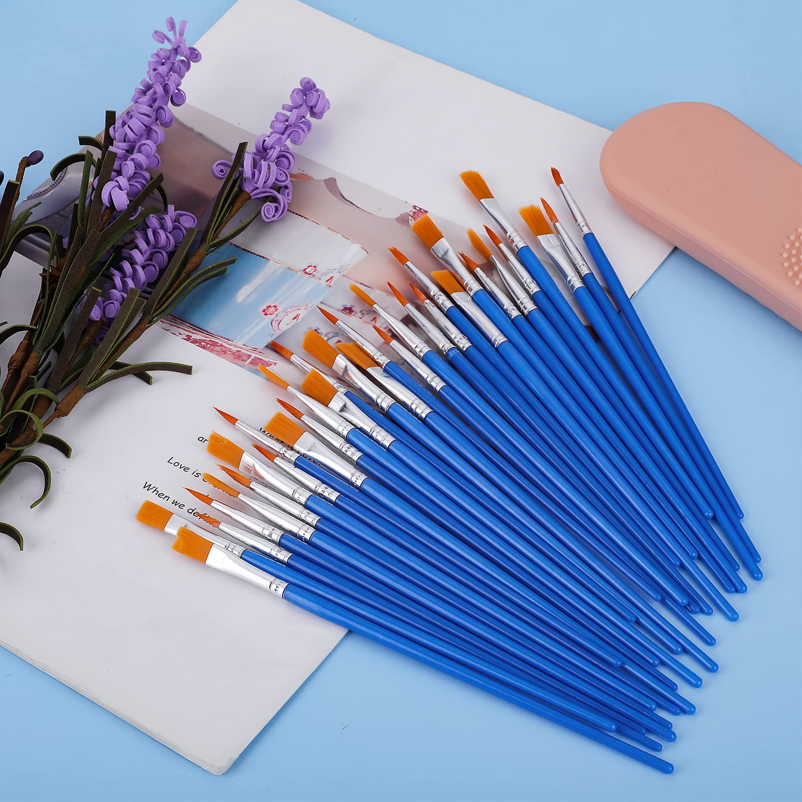 Set 50 Pennelli Per Pittura - 30 Piatti E 20 Rotondi - Per Acrilico, Acquerello E Hobby - Manico Corto