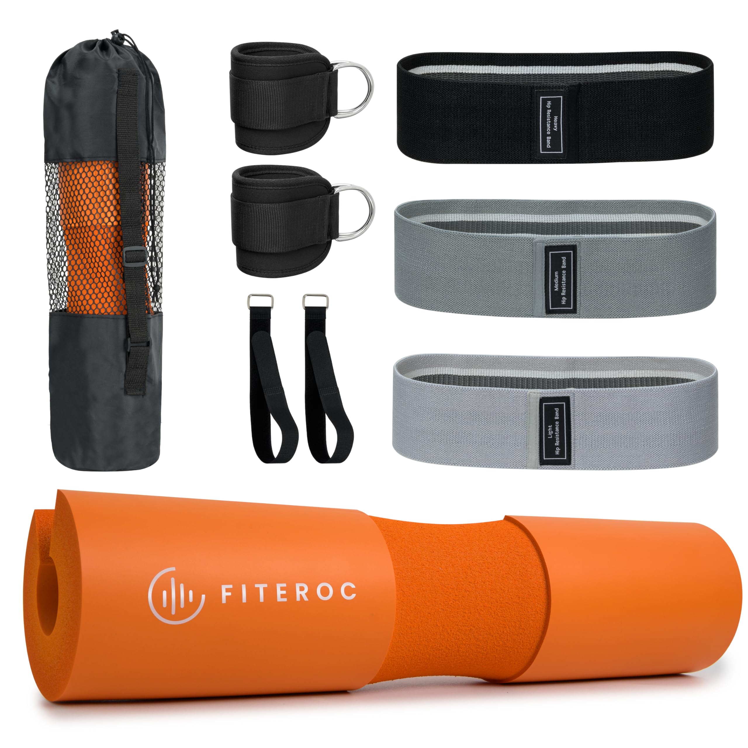 Barbell Pad Set for Hip Thrust and Squats - 3 Fabric Hip Resistance Bands 2 Ankle Straps Carry Bag Included