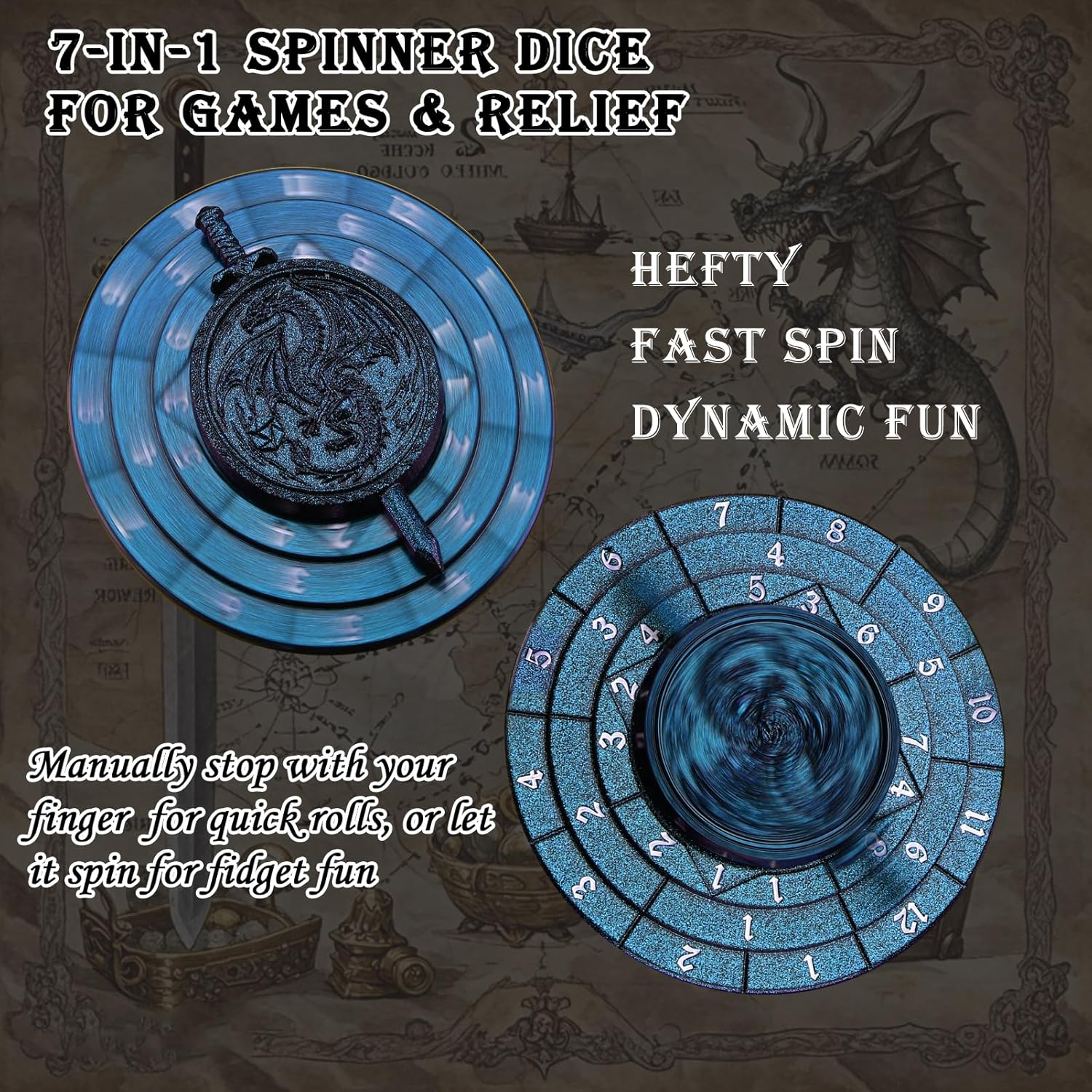 Haxtec Spinner Dice 7-in-1 Metal DND Dice Set Blue Unique Dice Spinner Compatible with Dungeons and Dragons DND Gifts TTRPG Role Playing Rotate Gaming Dice