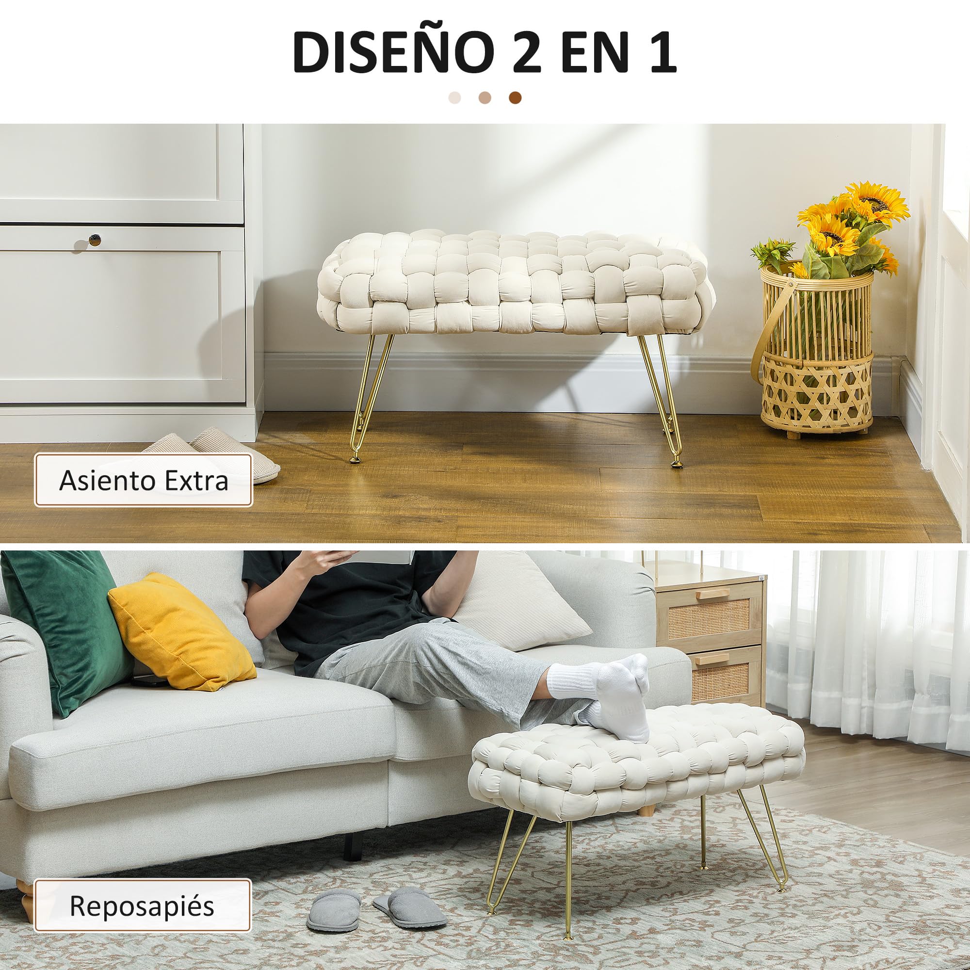 HOMCOM Banco Pie de Cama Tapizado en Terciopelo Banqueta Dormitorio Pie de Cama con Patas Doradas y Asiento Acolchado para Entradas Crema
