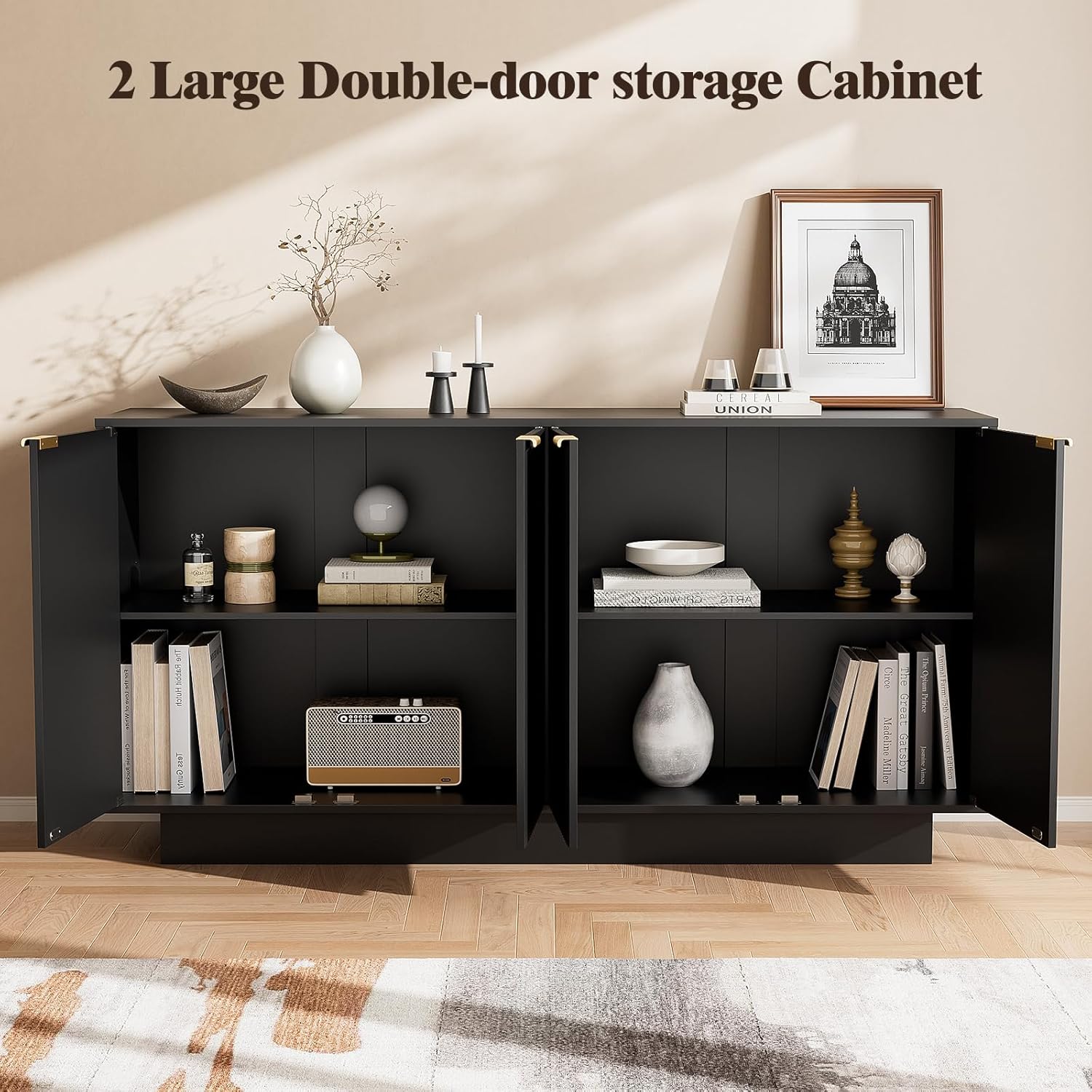 63'' Large Fluted Sideboard Buffet Cabinet, Modern Storage Cabinet with Adjustable Shelf, Console Table Wine Bar Accent Credenza with 4 Doors for Dining Room, Living Room, Hallway(Black)