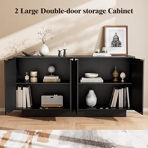 Miniatura 7 de Aparador grande de 63 pulgadas, armario de buffet moderno, soporte de TV para bar de vinos con 4 puertas para comedor (negro)