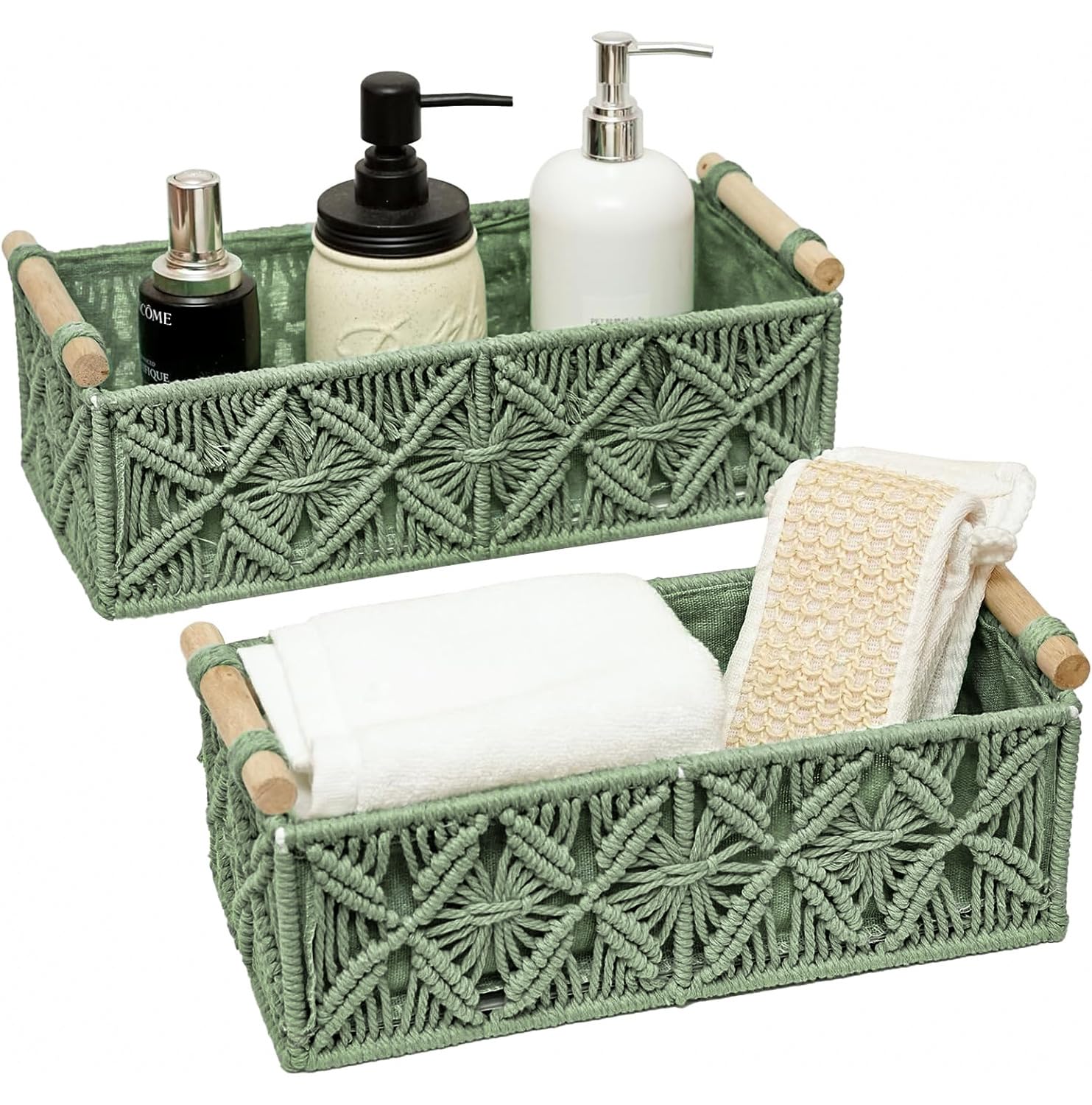 HOSROOME Macrame Boho Decor Baskets for Organizing Woven Decorative Basket for Countertop Toilet Paper Basket for Tank Top for Home Decor Bedroom Nursery Living