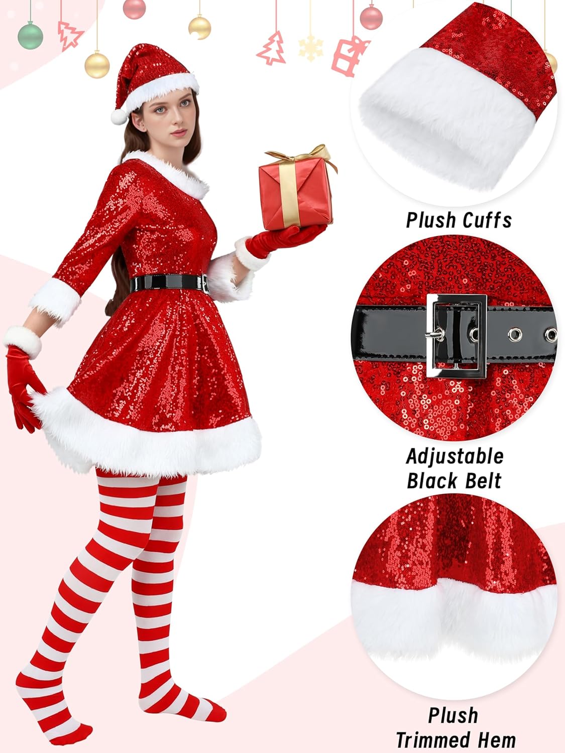 SOMSOC Women Santa Claus Costume Red Velvet Sequin Santa Dress with Belt Hat Striped Tights Gloves Santa Outfit for Christmas - Image 3