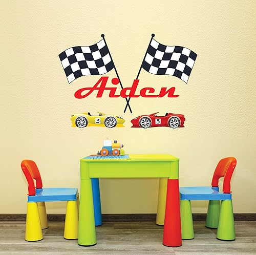 Miniatura 4 de Calcomanía de pared personalizada con nombre de carreras para el dormitorio de los niños, banderas y autos personalizados F1 Race Playroom