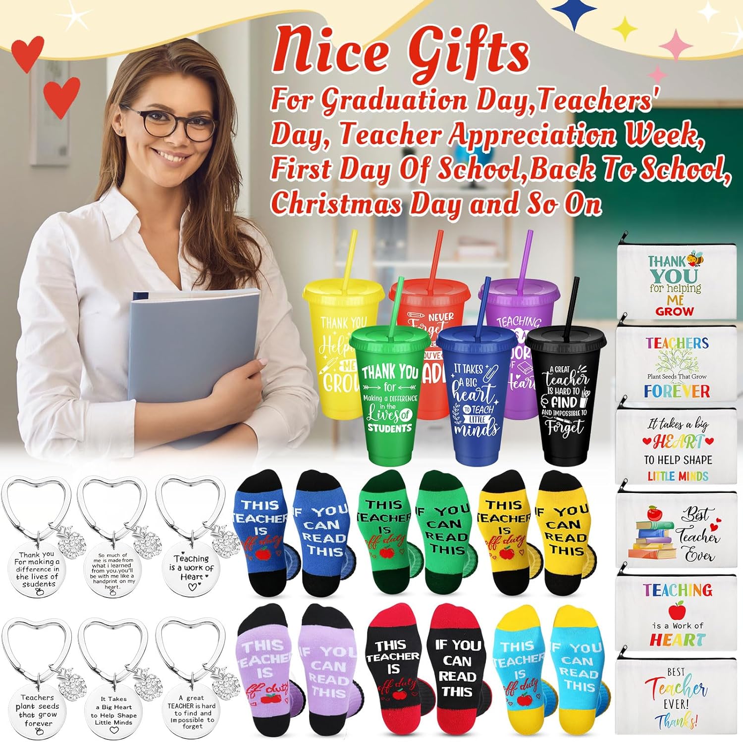 24 Pcs Teacher Appreciation Gift from Students 2026 End of Year Thank You Gifts Bulk 24 oz Plastic Tumbler Cup Makeup Cosmetic Bag Crew Sock Keychain for Retirement - Image 4