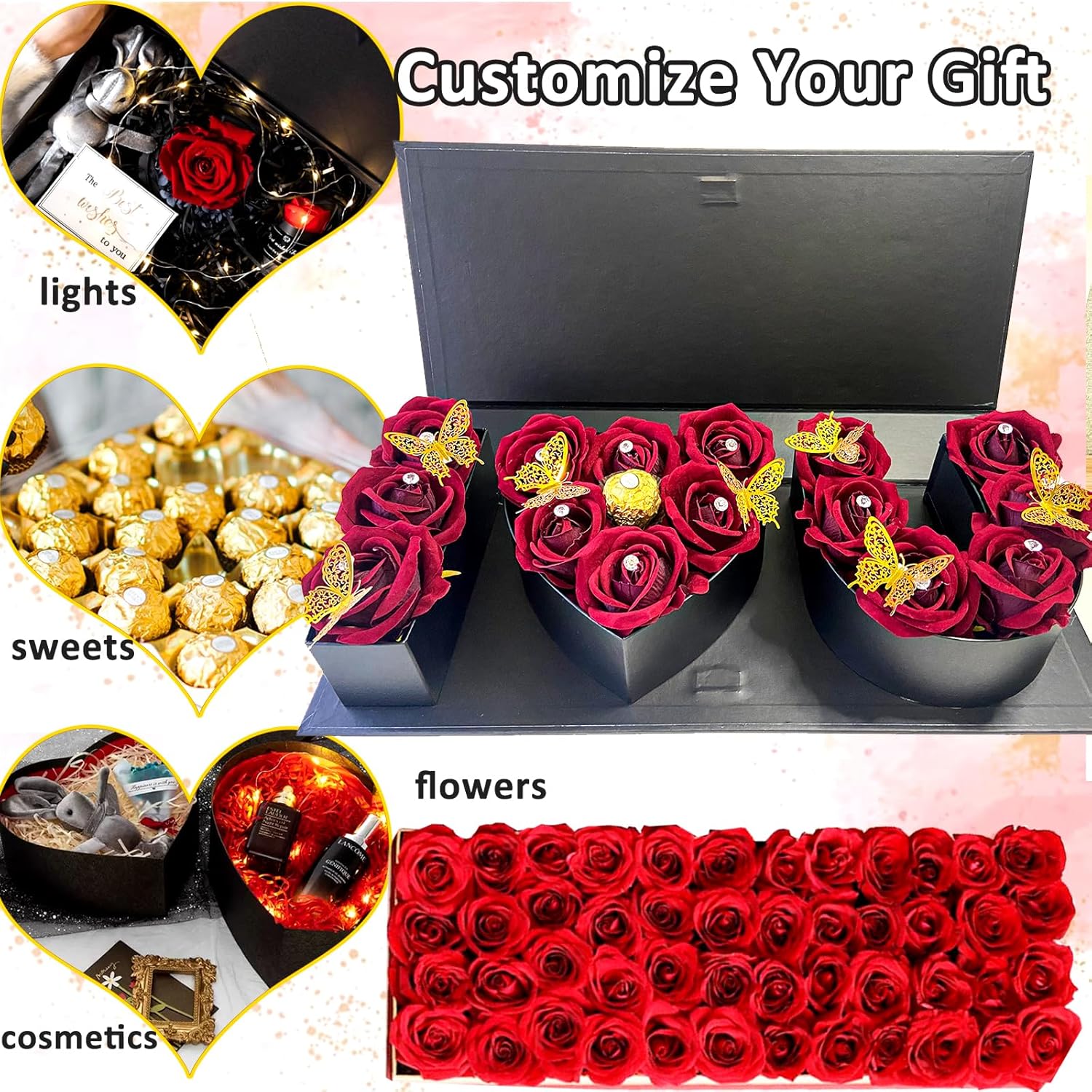 Valentines Day I Love You Box Flower Gift Box Heart Shaped Empty Cardboard Fillable Gift Box Flower Letter Box Chocolate Strawberry Candy Jewelry Package for Luxury Style Flower Arrangements Birthday