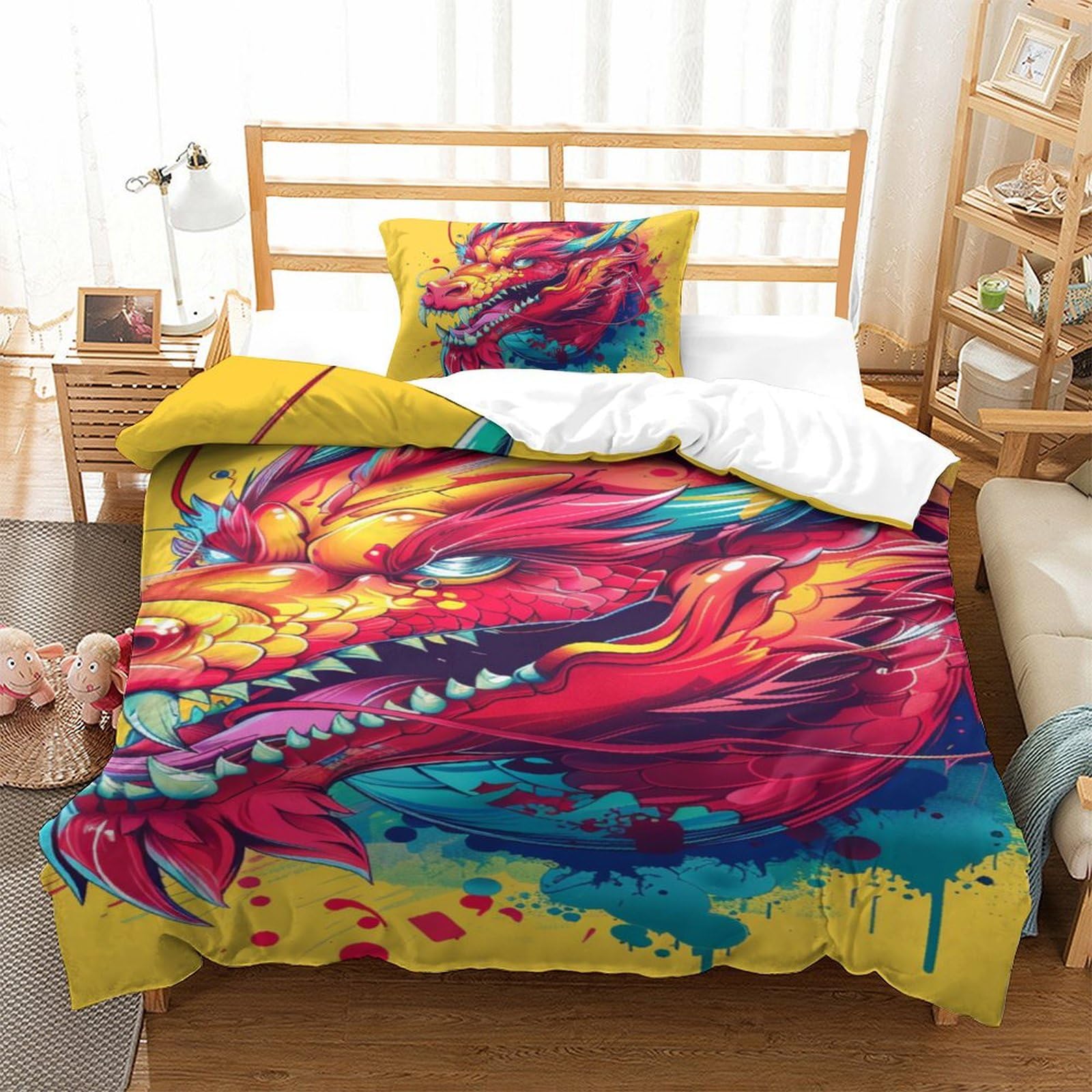Housse de couette dragon anti-plis en microfibre zippée pour lit simple enfant