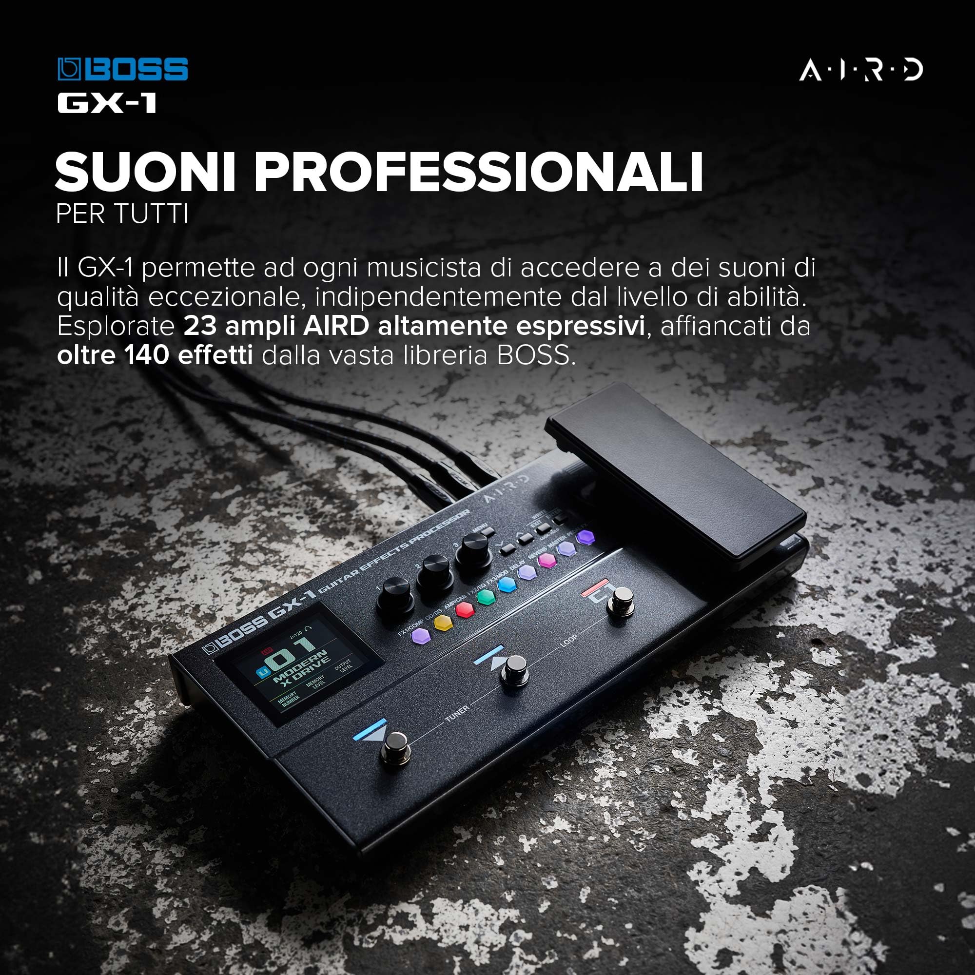 BOSS GX-1 | Processore di effetti per chitarra ultra-portatile | Ricco di ampli ed effetti iconici | Generatore sonoro AIRD di alta qualità | Ideale per i chitarristi principianti