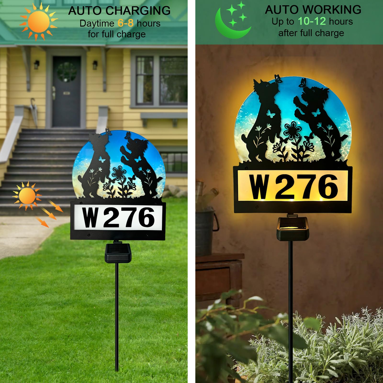 Solar-Hausnummern, Hofschild, solarbetriebene Lichter, Metall, verspielte Yorkie-Hunde-Silhouette, Gartenstecker