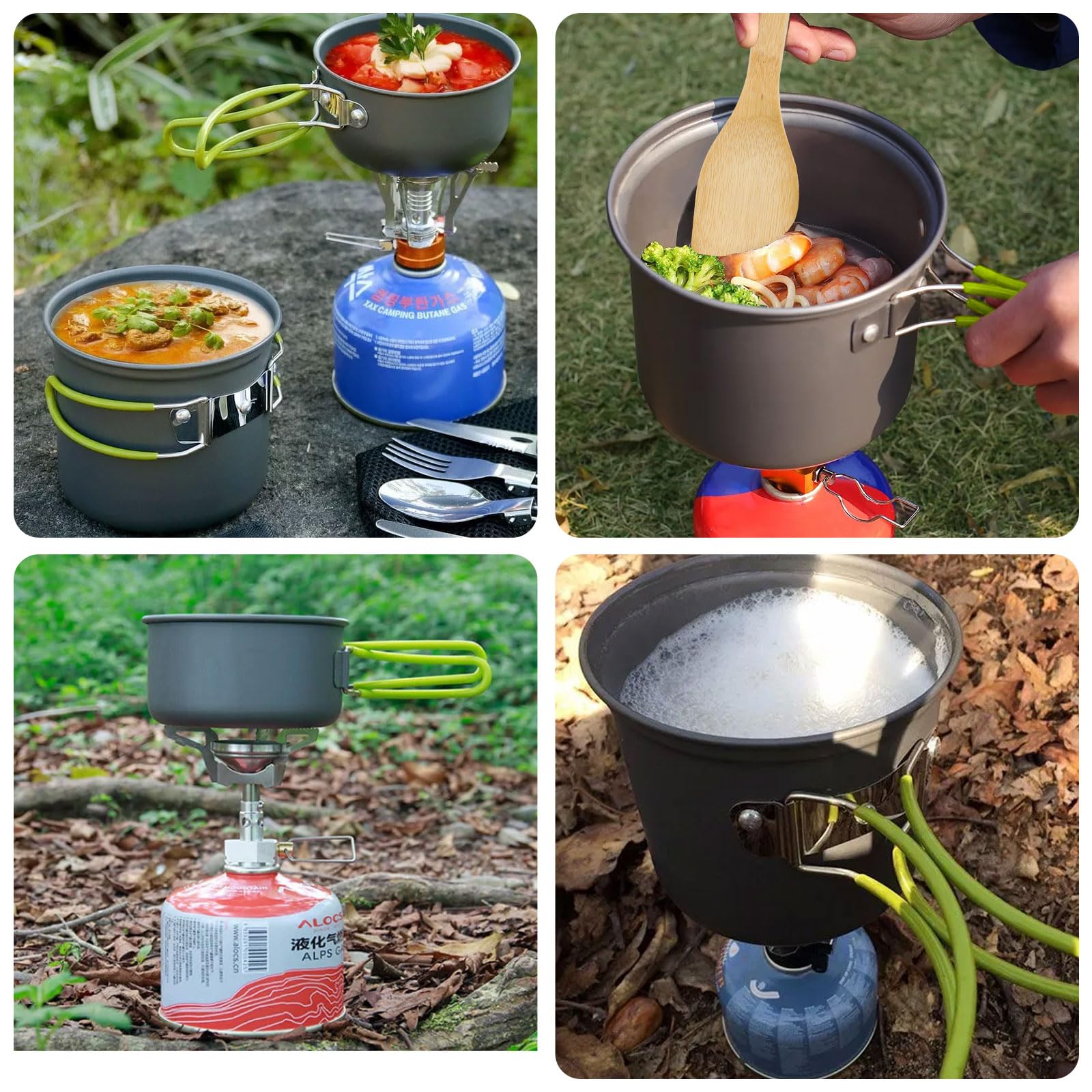 Dreamhigh® Leggero Set Pentole Campeggio, Set da 14 Pezzi Pentole Campeggio, Kit Campeggio Multiuso Con Fornello Pieghevole, Fornelletto Da Campeggio per Picnic All'aperto ed Escursioni