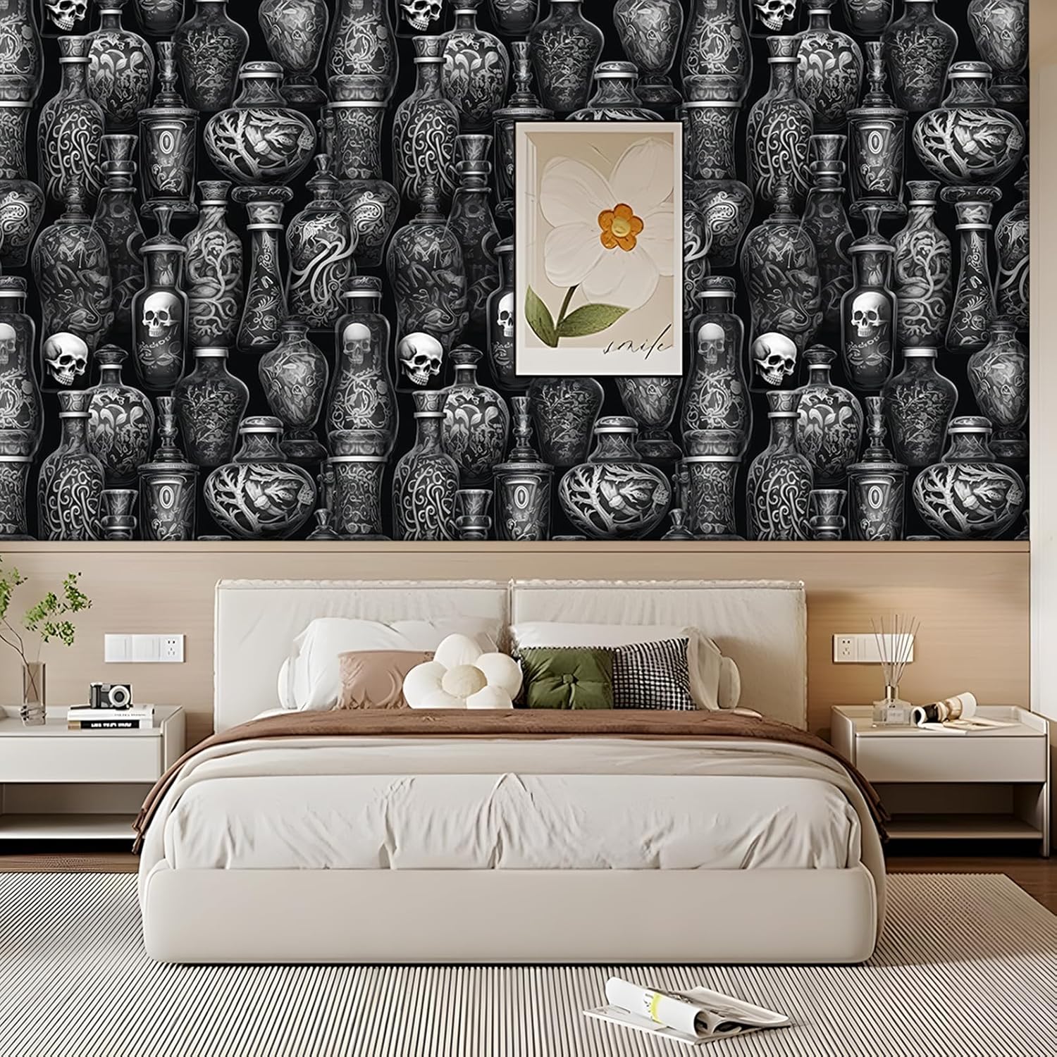 Dark Gothic Wallpaper Peel and Stick Black Cool Spooky Mysterious Vivid Whimsical Skeleton Leaf bottle Self Adhesive Contact Paper Removable Waterproof for Bedroom Renter friendly 17.71"x118.1"