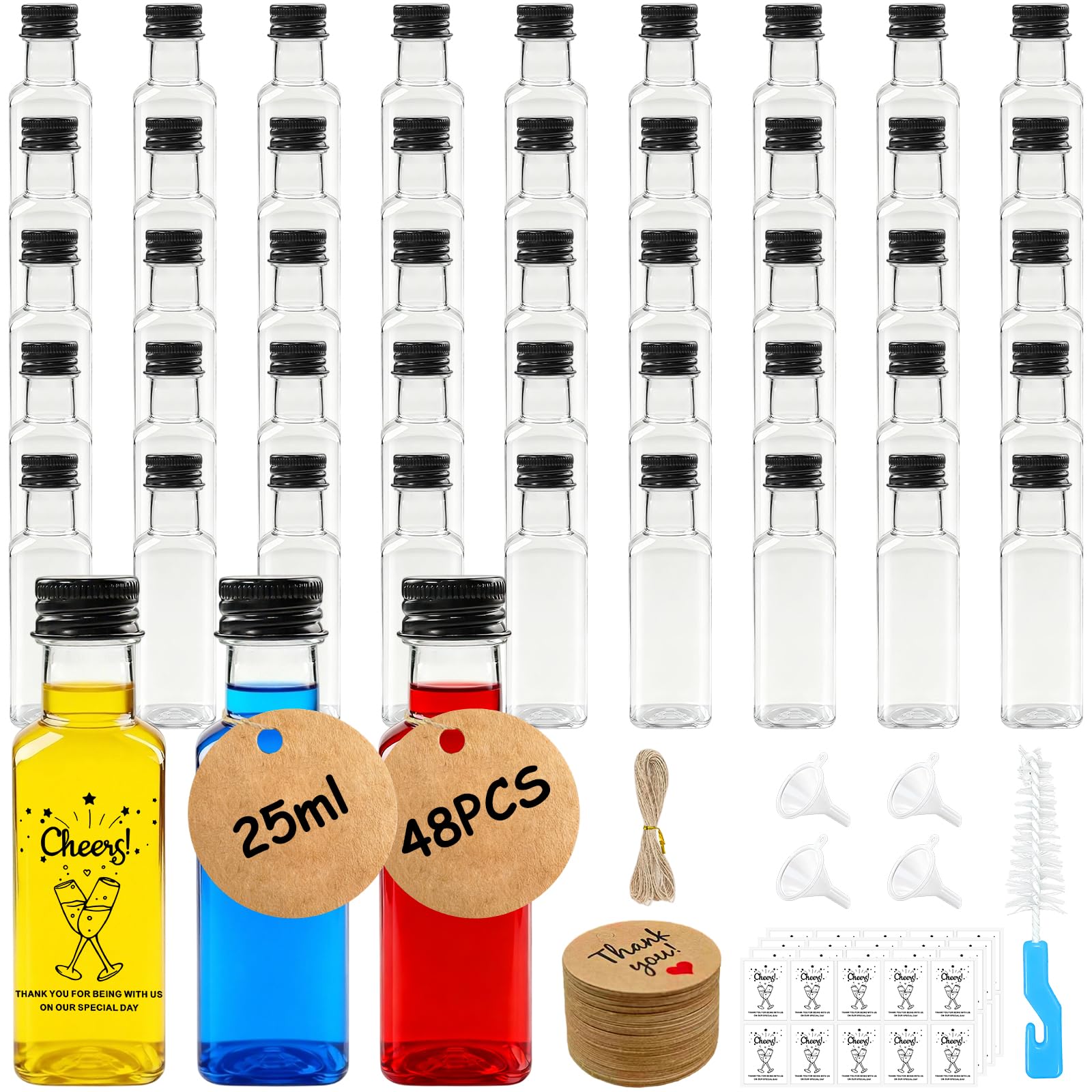 Sheryl&Rain 48 Pezzi Bottigliette Liquore Mignon, 25ml Mini Bottiglie Alcolici Bomboniere, Riutilizzabili Bottigliette Piccole Plastica con Adesivi, Funnel, Bottiglie Mignon per Matrimoni, Feste
