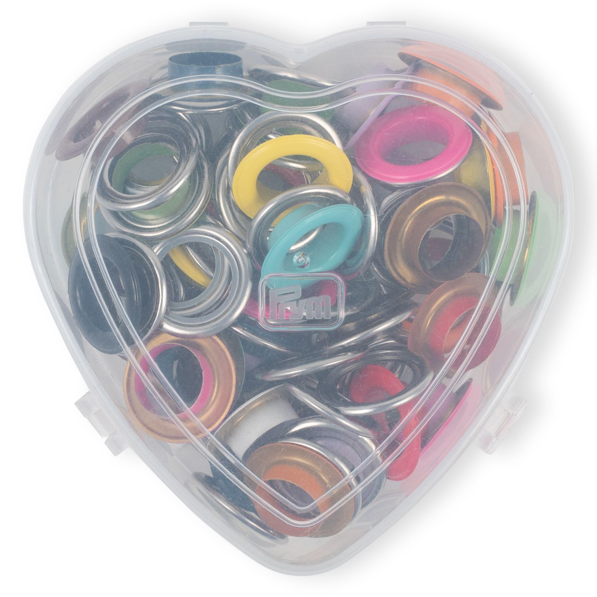 Prym 542622 Ojales con arandelas coloridas en caja de corazón, 14 mm, compatible con Vario Creative Tool