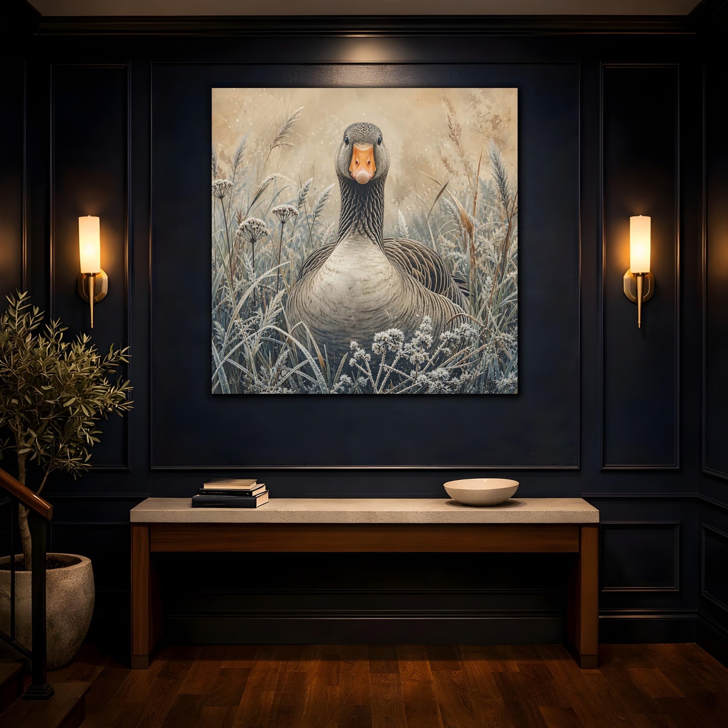 Animals Goose Brown Grey Canvas Print – Living Room, Above Couch 20×20 inch (50×50 cm) - Square / 1.25 inch (3 cm)