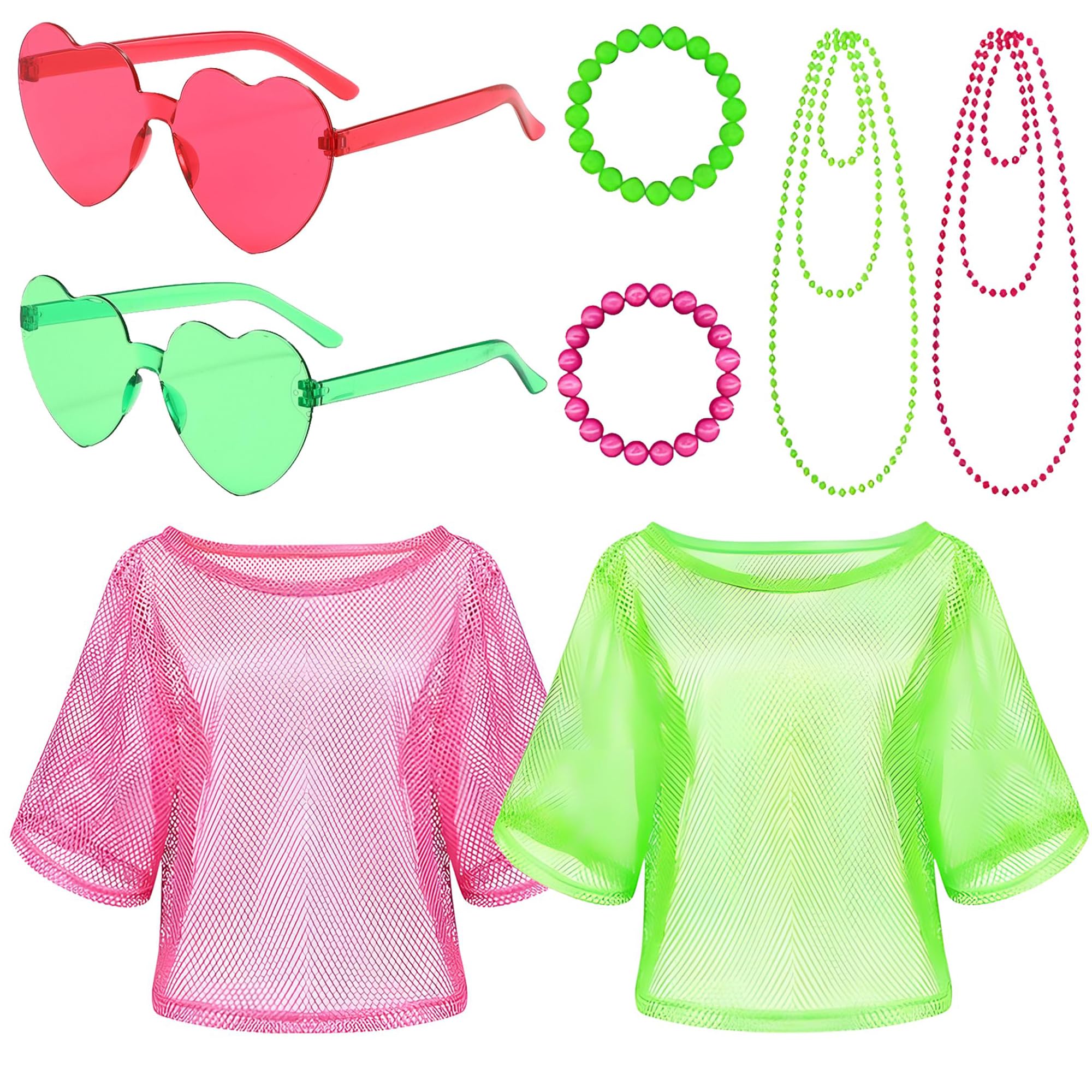 cadelon 8PCS 80s Neon Fishnet Top & Accessories Set for Women - Complete 1980s Fancy Dress Costume with Mesh Tops, Necklace, Bracelet, Heart Sunglasses - for Disco Party, Retro Theme (Red, Green)