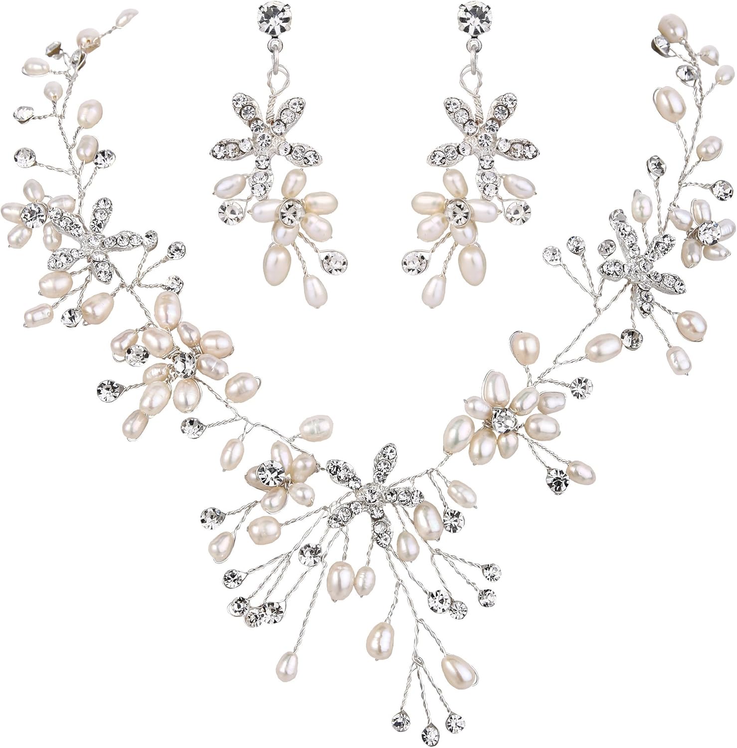 BriLove Women's Bohemian Boho Crystal Teardrop Freshwater Cultured Pearl Handmade Filigree Flower Choker Necklace Dangle Earrings Set