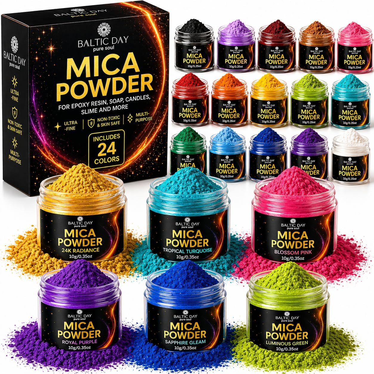 BALTIC DAY Mica Powder for Epoxy Resin – 24 Ultra-Vibrant Colors in Large 10g Jars (240g Total) – High-Pigment Cosmetic-Grade Pearlescent Powder for Soap, Slime, Candle Dye & Crafts