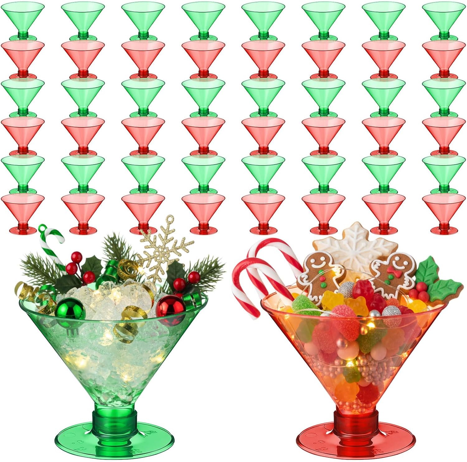 Yinkin 50 Pcs 5oz Plastic Martini Glasses Disposable Christmas Party Cups Clear Red and Green Plastic Cocktail Glasses Stemless Margarita Cups for Wine Cocktails Whiskey Yogurt Ice Cream Fruit