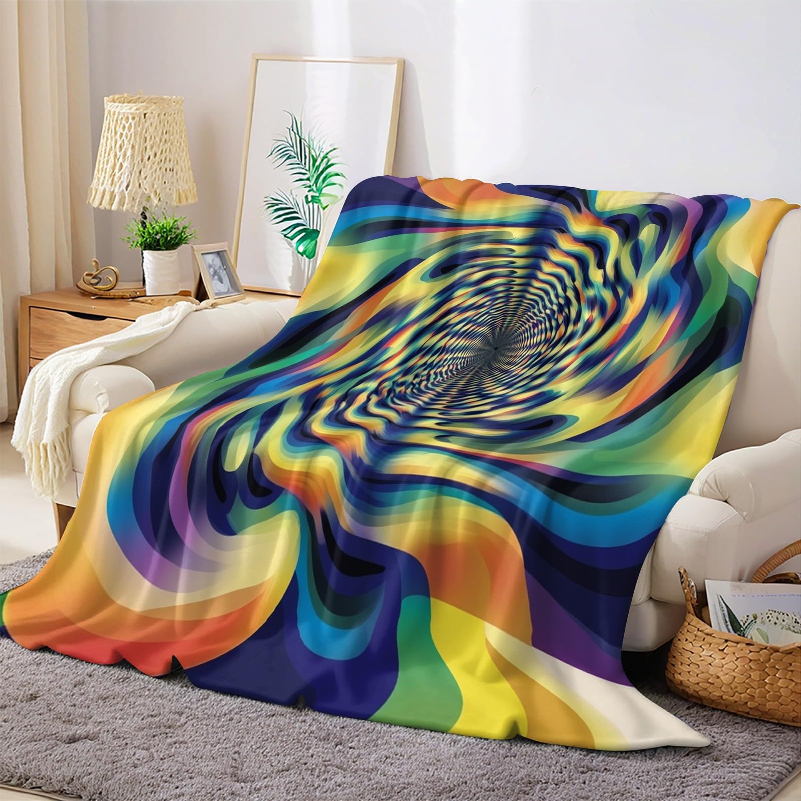 Coperta 220 x 240 cm Schema astratto rotante Plaid Pile Flanella Morbido Caldo Coperta Decorativa per Letto Divano Ufficio Adolescenti e Adulti, giallo