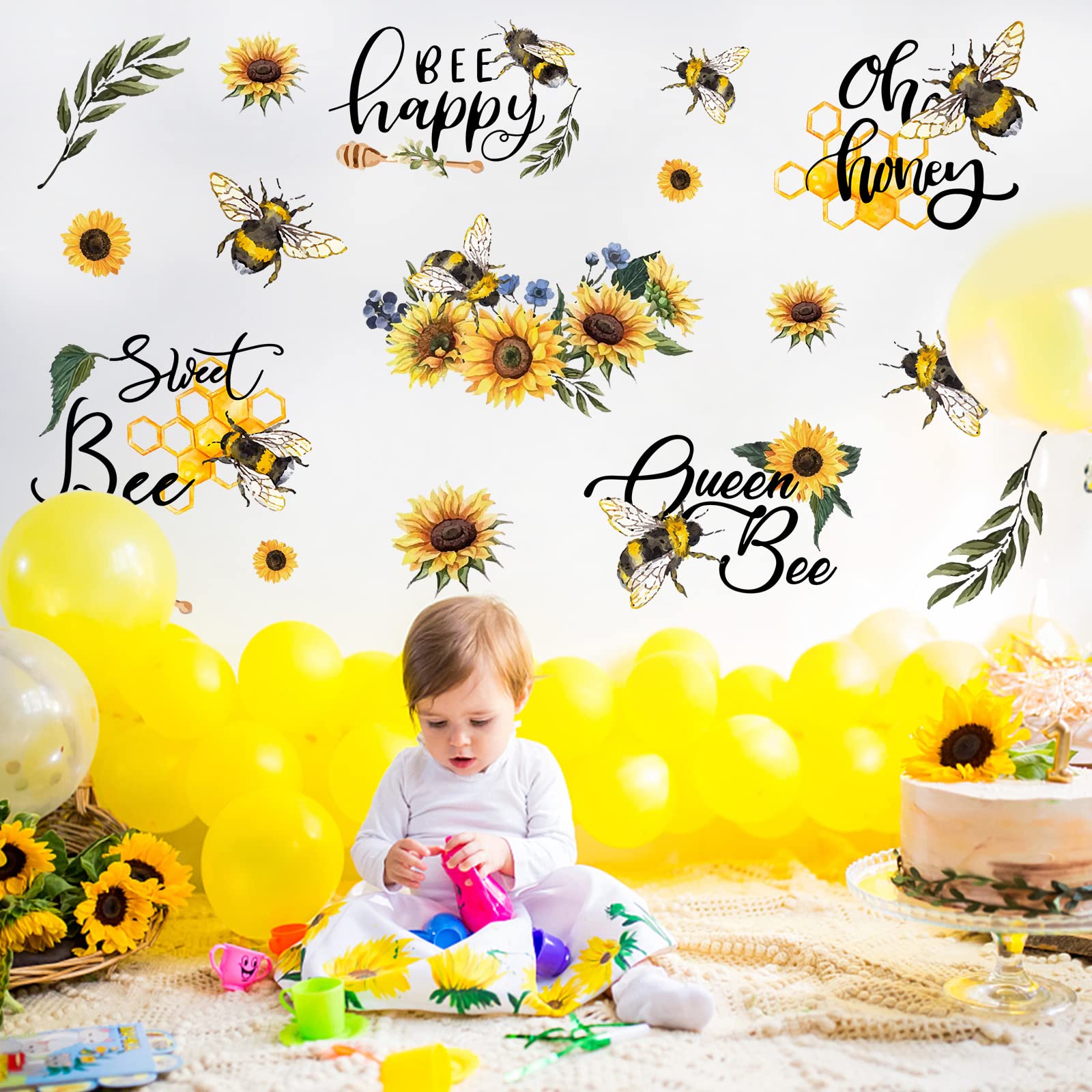 SUPERDANT Bee Sunflower Wall Stickers Bee Happy Wall Decals Inspirational Text Removable Mural Decals Insect Flower Window Clings for Kid's Room Fridge Nursery Playground Room Decorations - Image 3