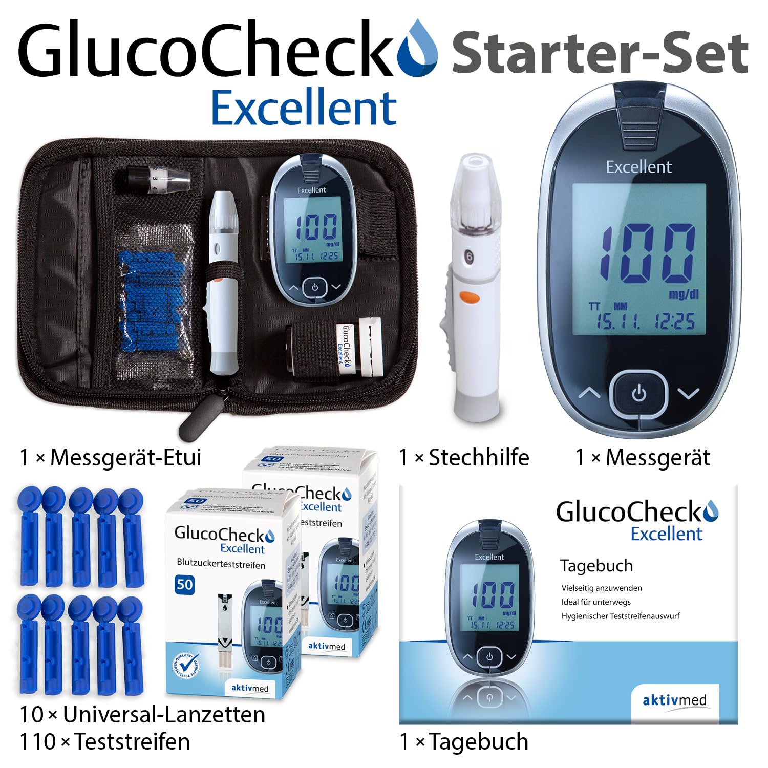 GlucoCheck Excellent Starter-Set (mg/dl) mit 110 Blutzuckerteststreifen