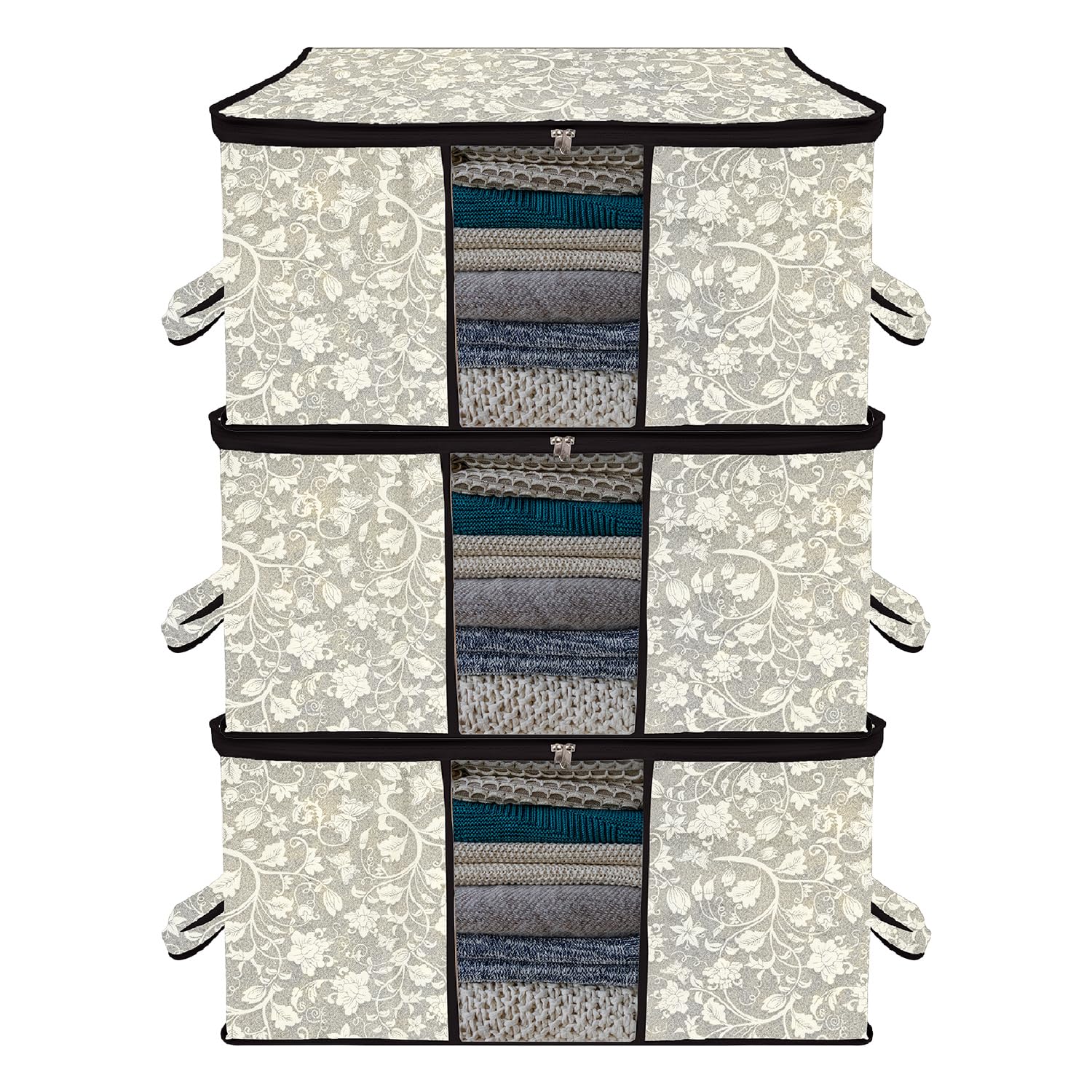 Kuber Industries Underbed Storage Bag | Clothes Storage Organizer | Blanket Cover with Clear Window | Zipper Closure & Handle Cloth Organizer | Flower-Design | Large | Pack of 3 | Black