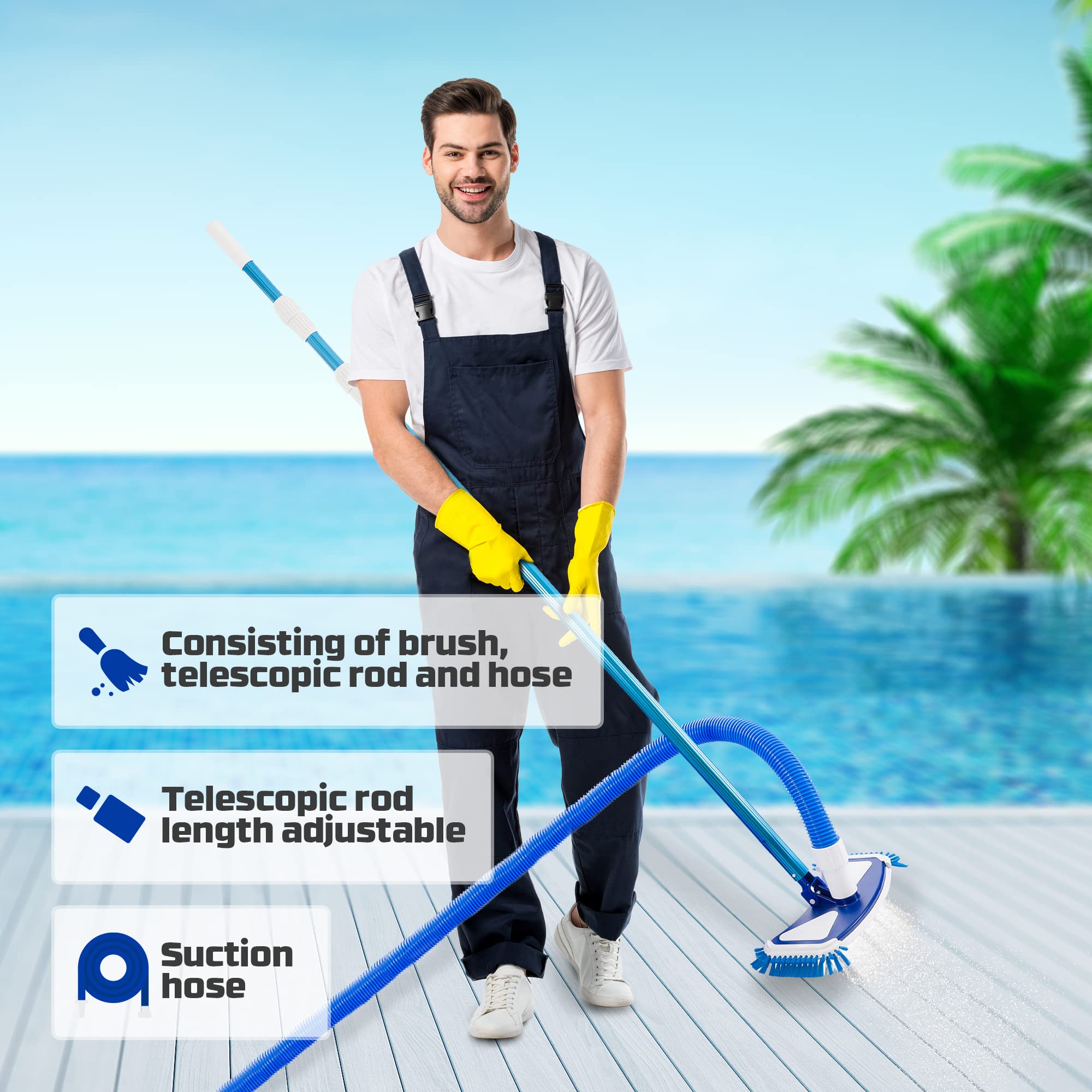Arebos Spazzola Piscina | Aspiratore Manuale Fondo Piscina | Spazzola con Manico Telescopico e Tubo | Pulitore per Pavimento e Pareti