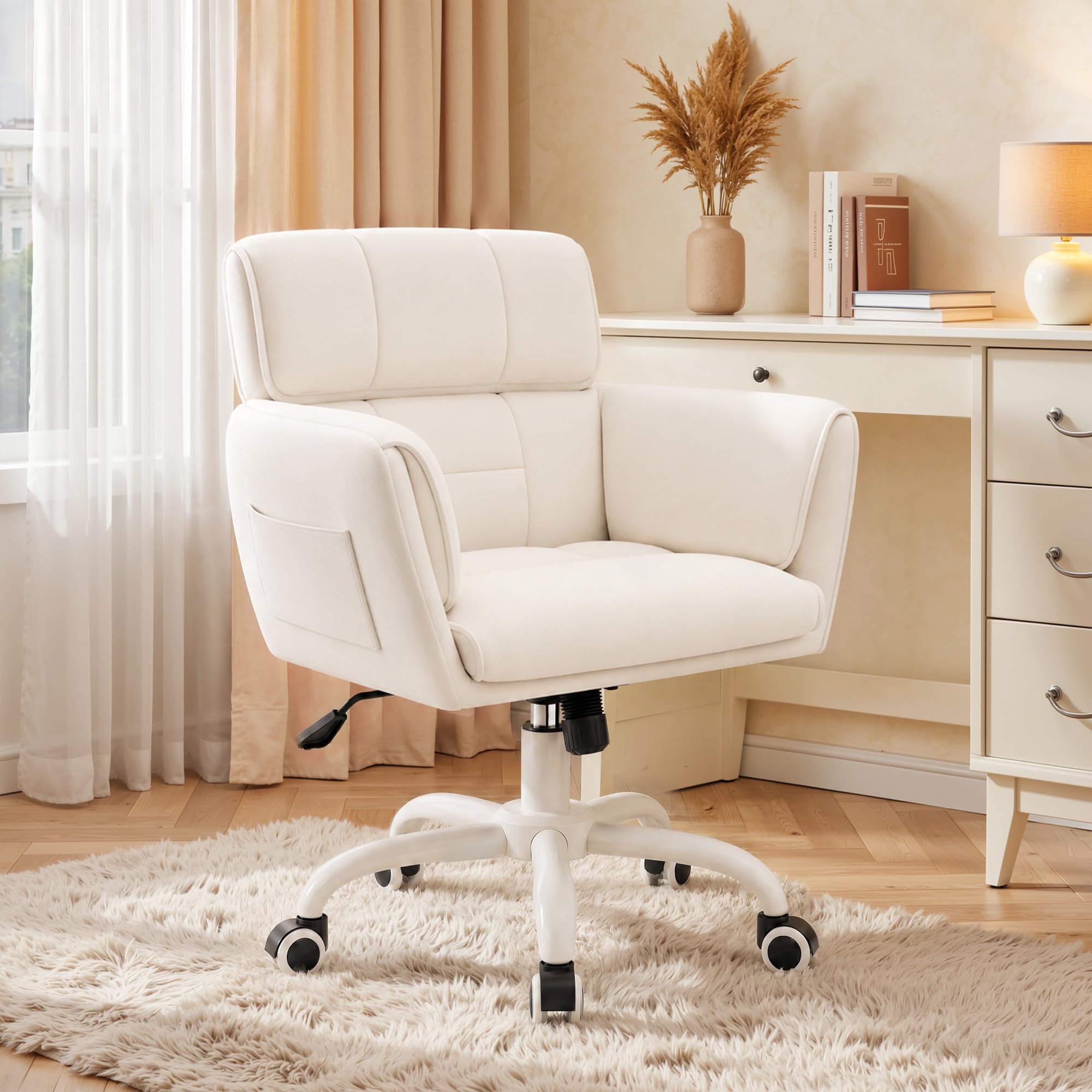 Silla de Escritorio con Ruedas, Silla de tocador Terciopelo, Altura Regulable e inclinable, Adecuada para Oficina, habitación y Estudio, Familiar, soporta hasta 150kg, Blanc