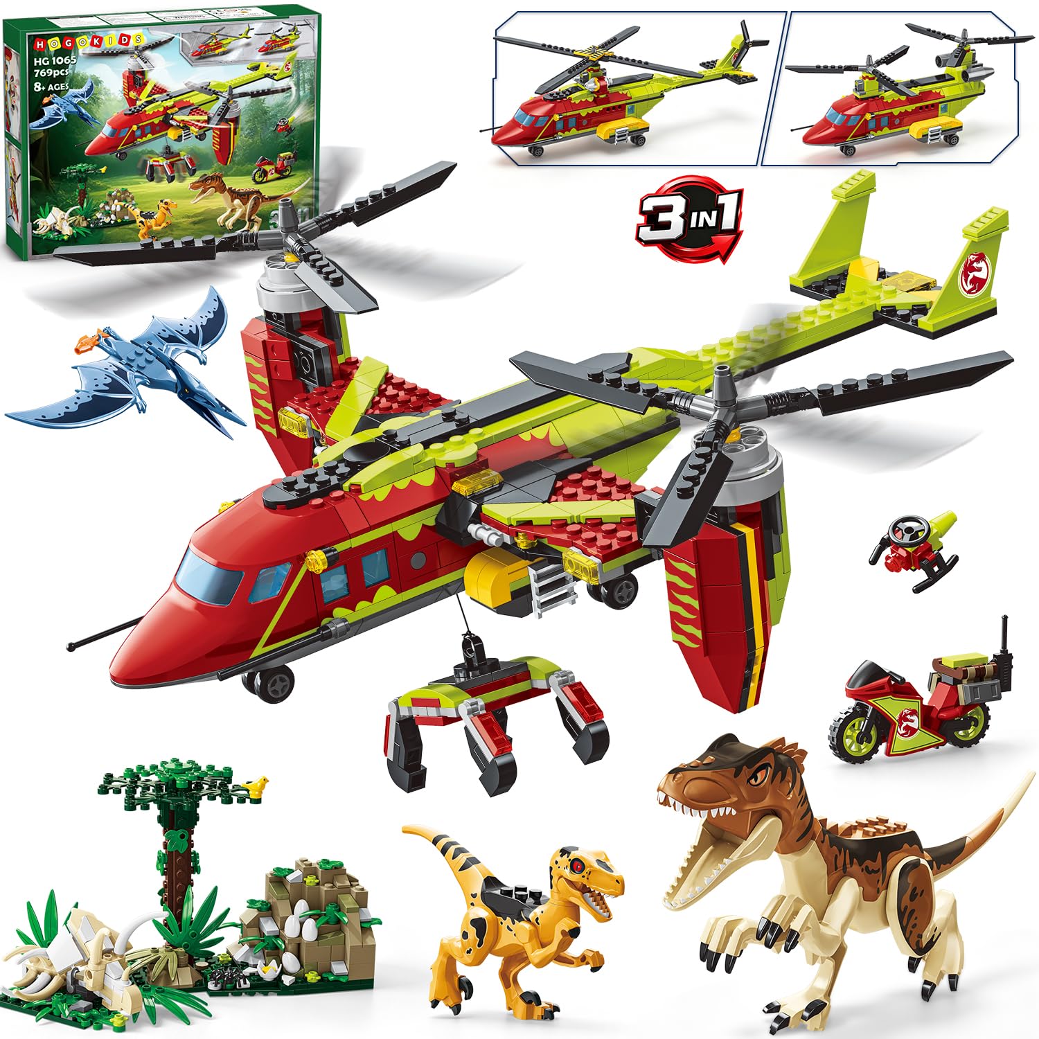 HOGOKIDS 3-in-1 Dinosaurier-Rettungsflugzeug-Bauset für Jungen ab 6 Jahren | Baue ein Kipprotorflugzeug, einen Transport- oder Doppelrotor-Hubschrauber mit Greifhaken – ein kreatives Geschenk ab 6