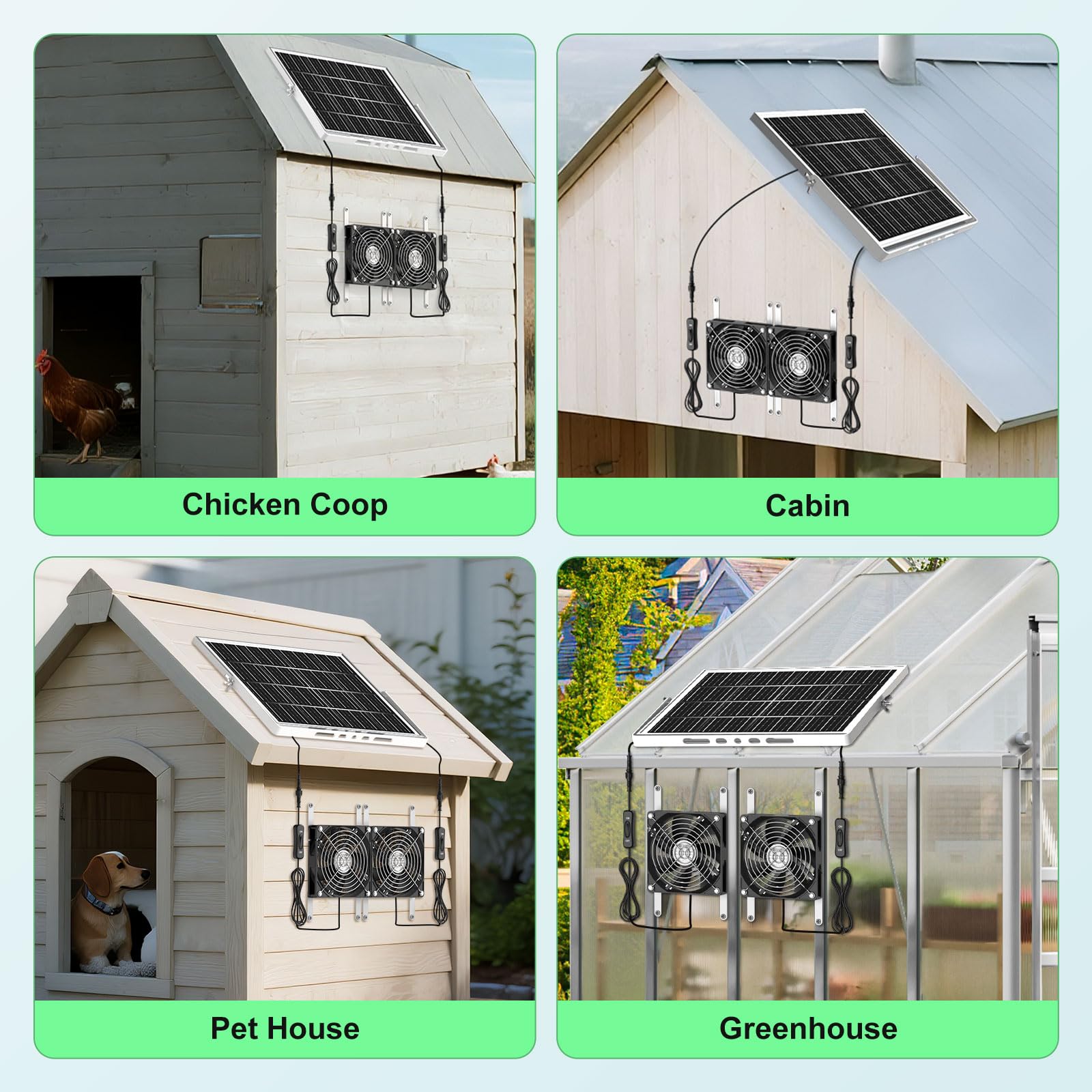 Kit di 2 ventilatori solari per serra da 14,9 cm, 30 W, scarico e aspirazione ad energia solare, forte flusso d'aria e impermeabile, cavo da 5 m, per capannone esterno, circolazione dell'aria e