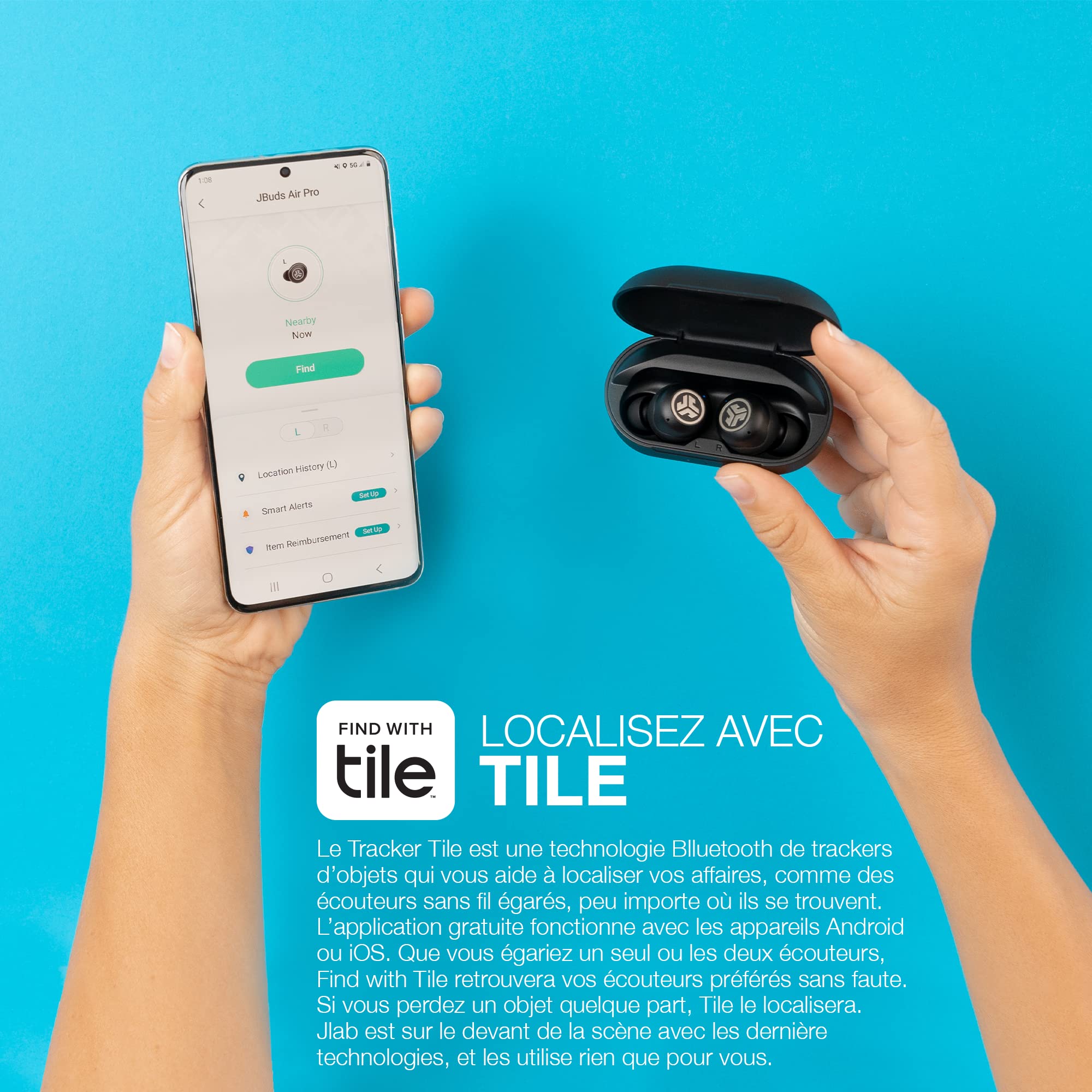 JLab JBuds Air Pro Écouteurs Bluetooth sans Fil - Tile Tracker, Noir