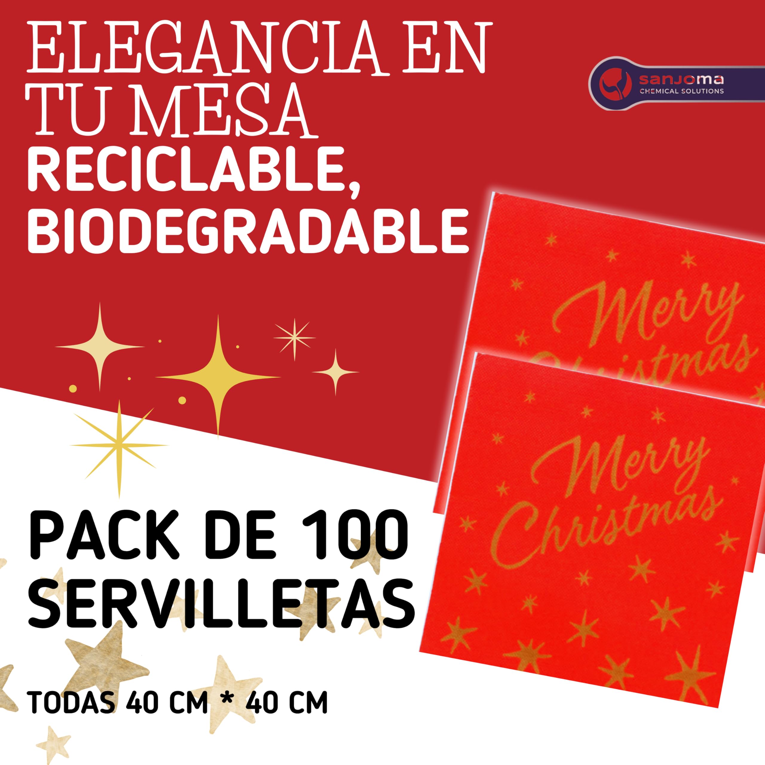 SANJOMA | 1000 Servilletas Doble Punto Papel Navidad | Servilletas Decoradas Merry Christmas Reciclables, Biodegradables | Roja Y Oro 40x40 cm, 18 g/m² | Certificado Ecolabel y FSC (1000, Rojo y Oro)