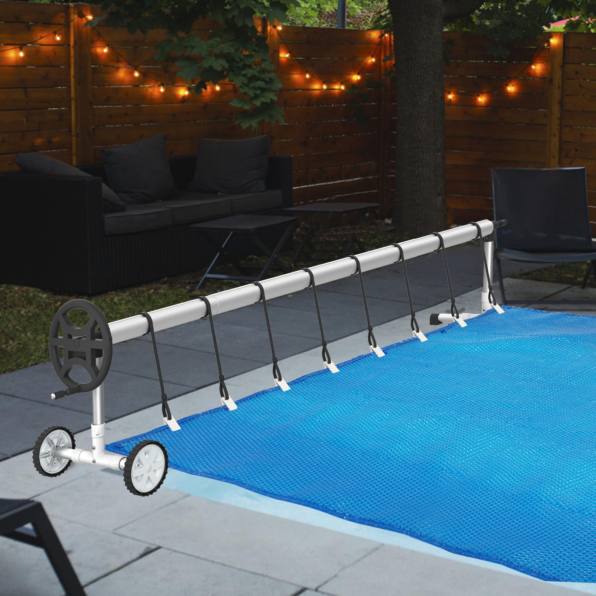 XMTECH Sistema de enrollado para piscina, enrollador de piscina, tubo telescópico de aluminio, sistema de enrollado para lona de piscina, cubierta solar, resistente a la intemperie (con ruedas-2)
